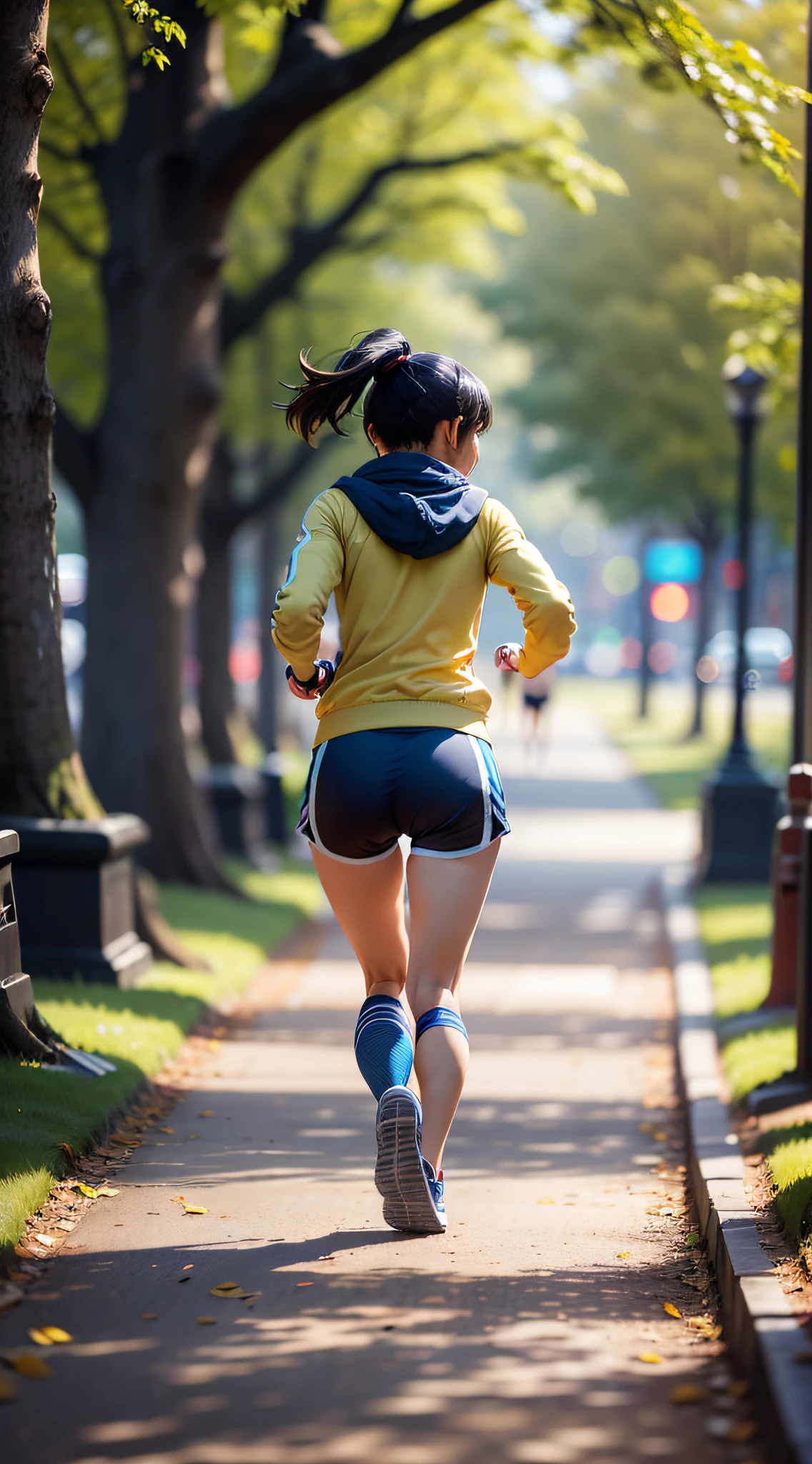 Early in the morning, a woman runs on a tree-lined path, her eyes shining on him, and a golden glow covers [camera angle: low] [lens filter: blue] [blur volume: high] [blur direction: horizontal], shot from behind, with a park in the background.