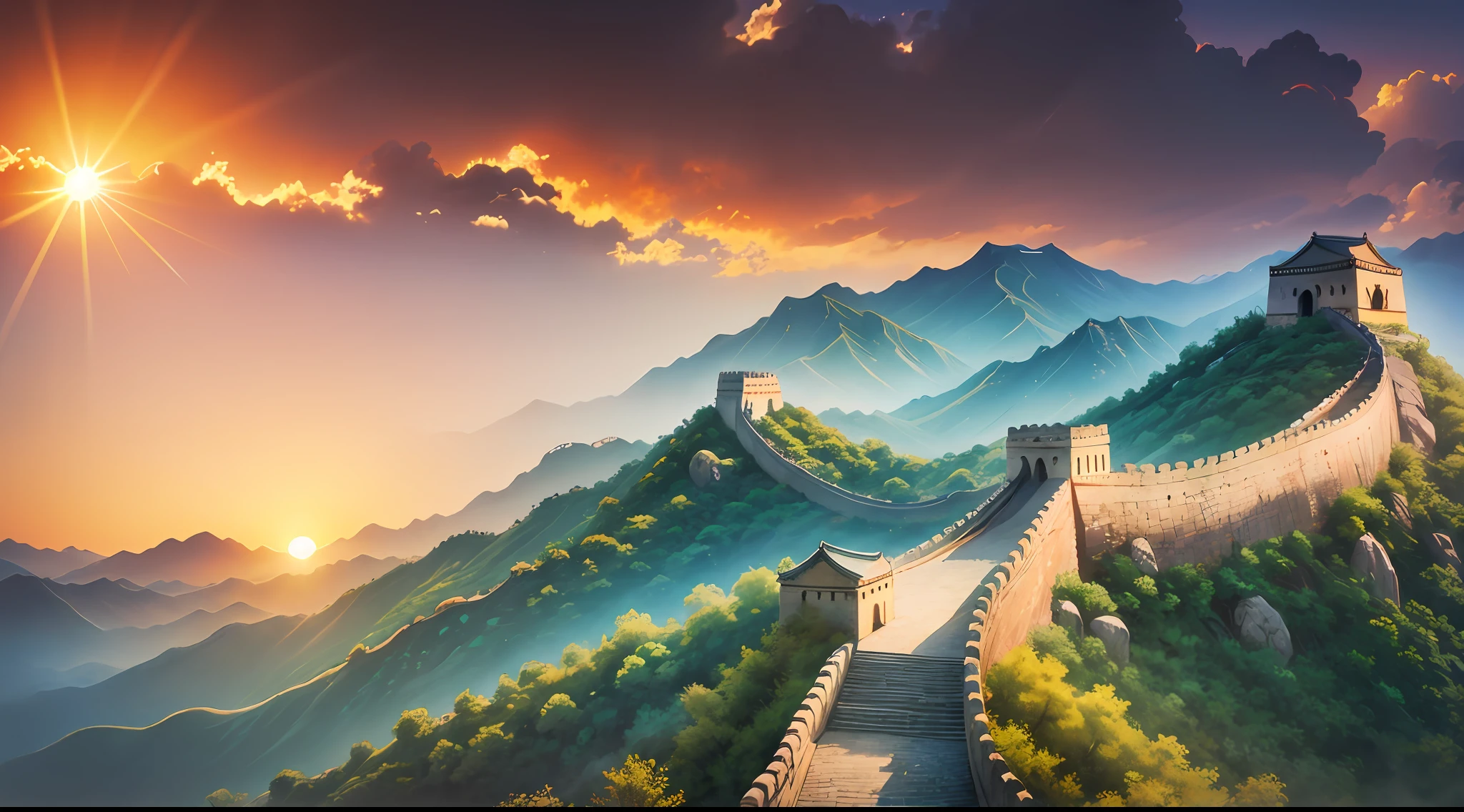 The majestic Great Wall, the setting sun --auto --s2