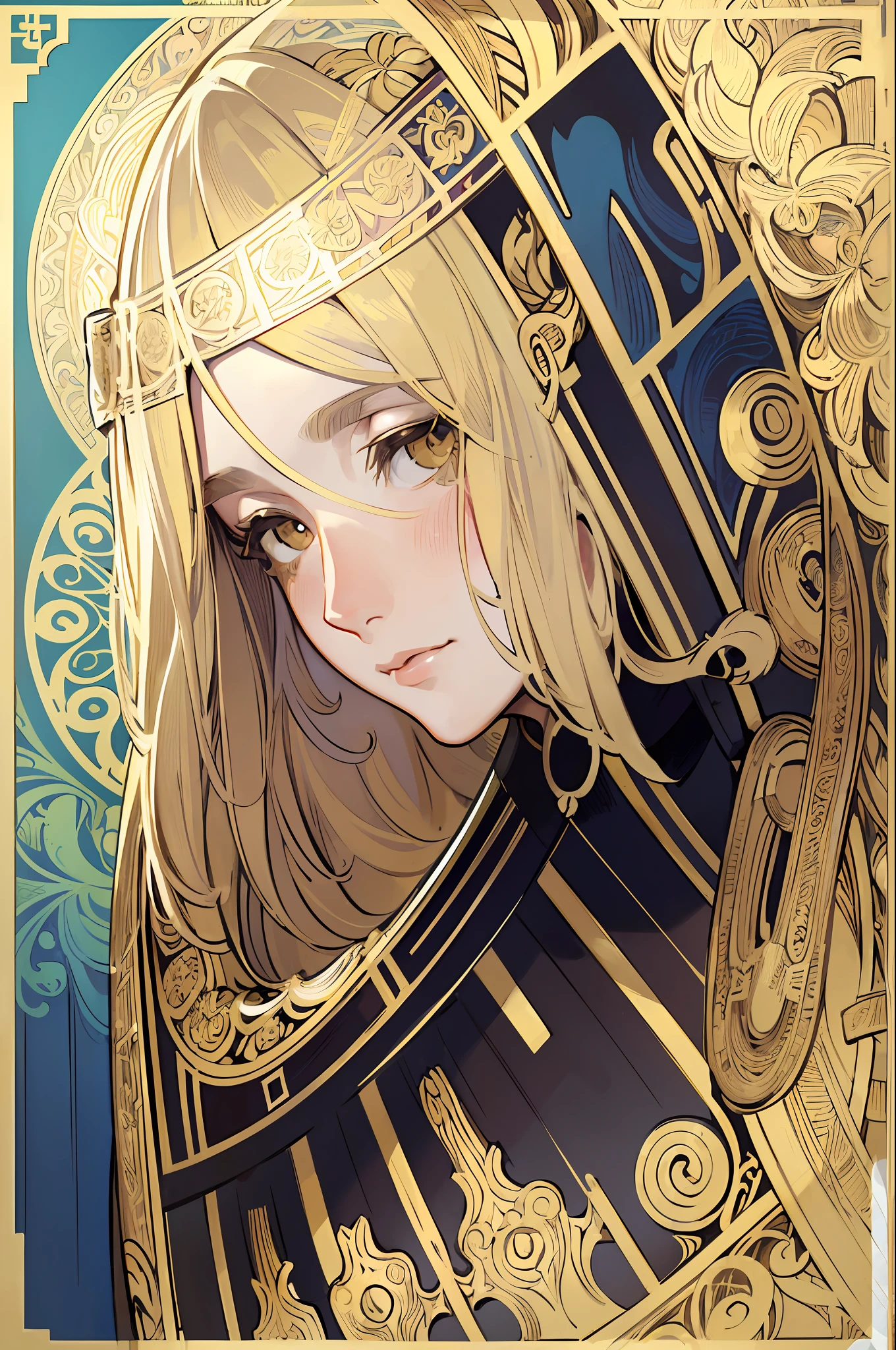 face portrait of a European female , long curly hair, blond, floral frame, Decorative panels, abstract
artistic, by Alphonse Mucha
(Masterpiece, Best Quality, Highres:1.4), Detailed, Intricate Details, 4K, color splashes, line art, fibonacci,