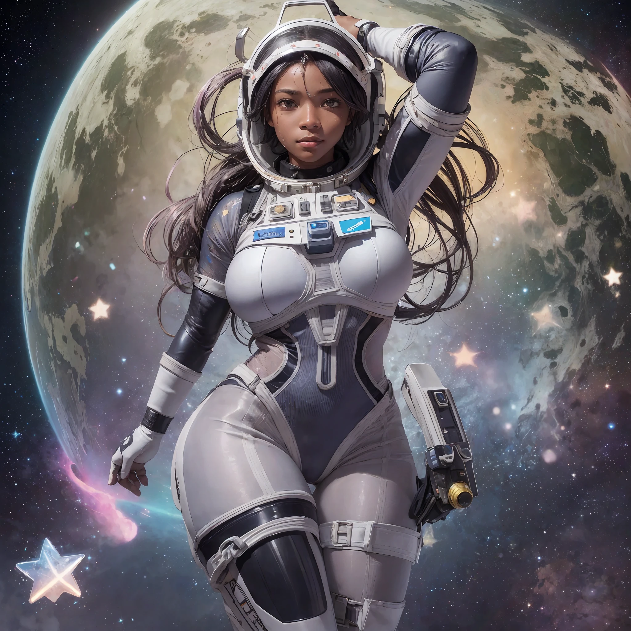 (ultra detailed drawing) 8K (astronaut with African helmet, young, brave, fearless and determined), (look of boldness), (smiling) (short wavy hair with many black, blue and pink locks falling gently over her forehead) (ultra detailed perfect face with freckles ultra detailed skin with sweat drops, ultra detailed silver eyebrows, perfect nose), (fitness body, thighs defined strong female arms) (full body photo) (Stunning stellar scenery,  with colorful nebulae and ultra detailed twinkling stars) (full body) (astronaut gloves) (astronaut boots) (extremely detailed CG 8k wallpaper)