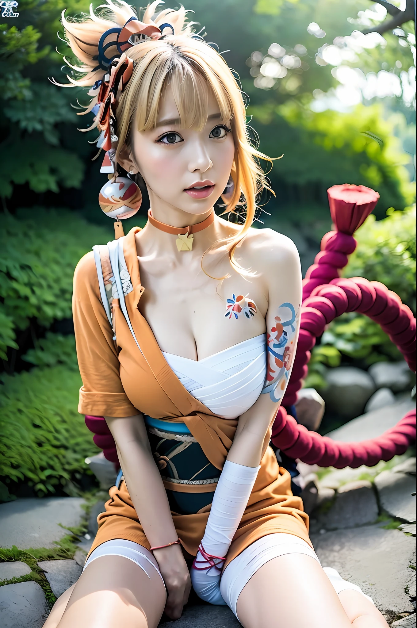 (Natural Sunlight, 8k, RAW Photos, Top Quality, Masterpiece: 1.2), (Realistic, Photorealistic: 1.37), Octane Rendering, Ultra High Resolution, Ultra Detailed, Full Body, (Full Body Shot)), Girl, Beautiful Detailed Eyes, Beautiful Detailed Lips, Professional Lighting, UE5, Highly Detailed Eyes and Face, Highly Detailed Lips and Skin Texture, Highly Detailed Eye Details, Facial Light, Cleavage, (Full Body) , ((cute)), ((orange Japanese clothes)), (Japan clothes), (hair ornaments), ((earrings)), (exposure, bandage), (cherry blossom tree)), ((beautiful environment)), ((landscape)), ((waterfall)), ((ray tracing)), (legs), (highlight colored hair)), Yoimiya \ (Genshin impact \), realistic shadow, bewitching, beautiful Japan woman, Japan woman, sexy, Traditional Japan, constricted waist, big, open crotch, legs spread, legs open, crotch