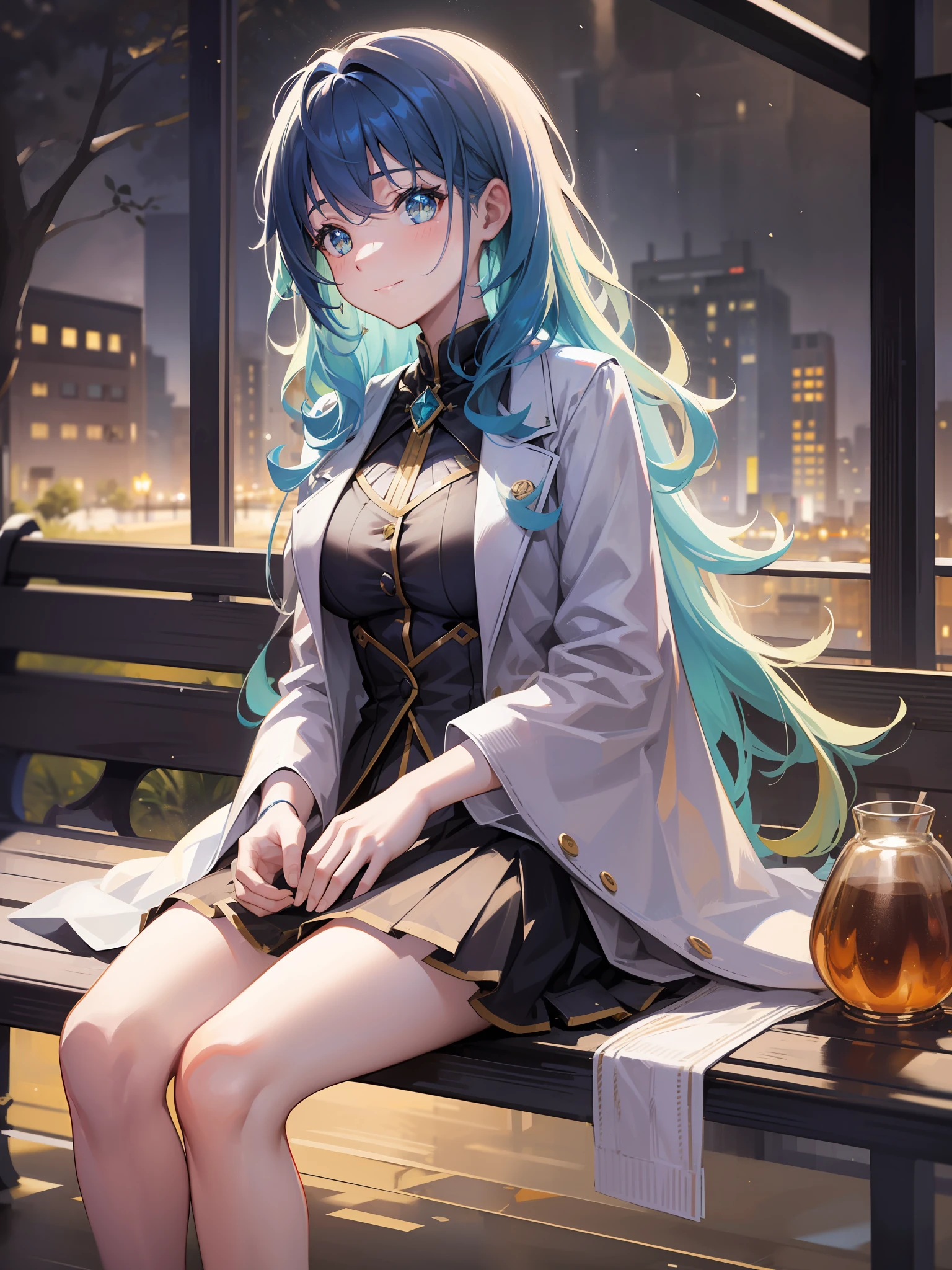 Girl, (sparkling eyes, shinning eyes), colored inner hair, fluffy and wavy hair, (full body shot), long exposure, sit on a bench, (looking away), winded light smile, caustic lighting, volumetric lighting, wide shot, beautiful background, park, (enchanting background), danw, masterpiece, absurdres