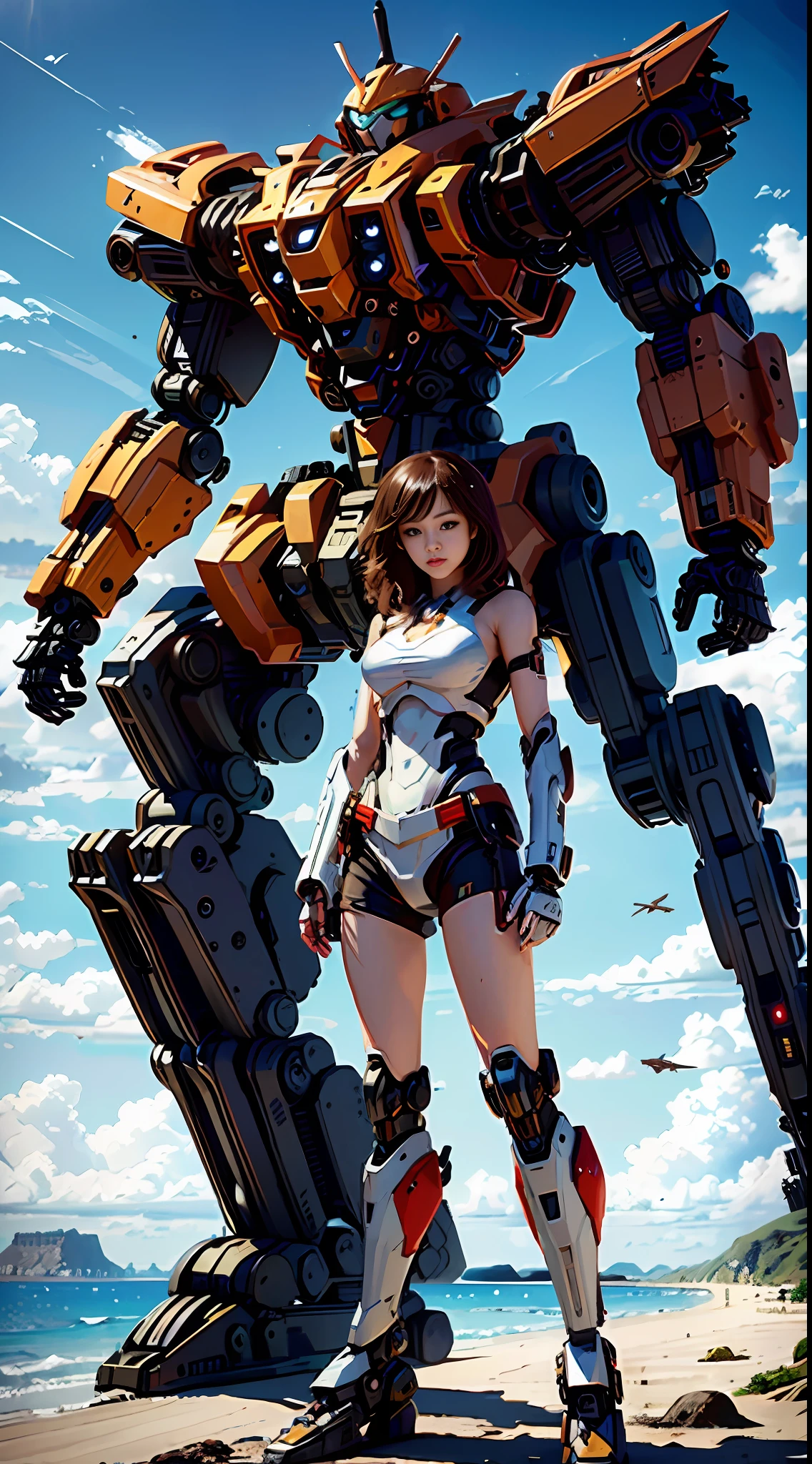 8K resolution, top picture quality, cinematic texture, realistic style, SLR ultra-high-definition camera shooting, Alafard robot standing on the beach, miniature tanks on the beach, tiny battleships on the sea, sea horizon in the background, huge mecha robot, Alexander Ferra mecha, mecha art, mecha aesthetics, realistic fighter mecha, cool mecha style, humanoid mecha, colorful colors,