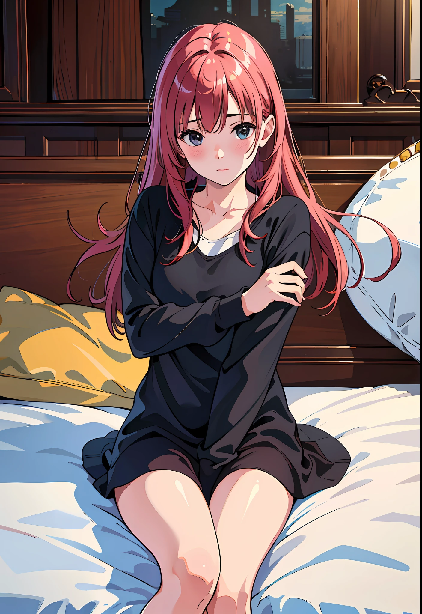 ((Ultra High Resolution, Photorealistic, Realistic, Best Quality, Photorealistic)), ((8K, Raw Photos, Best Quality, Masterpiece)), 1 girl, on the bed, Open legs, blush, pose, floating hair, looking sideways