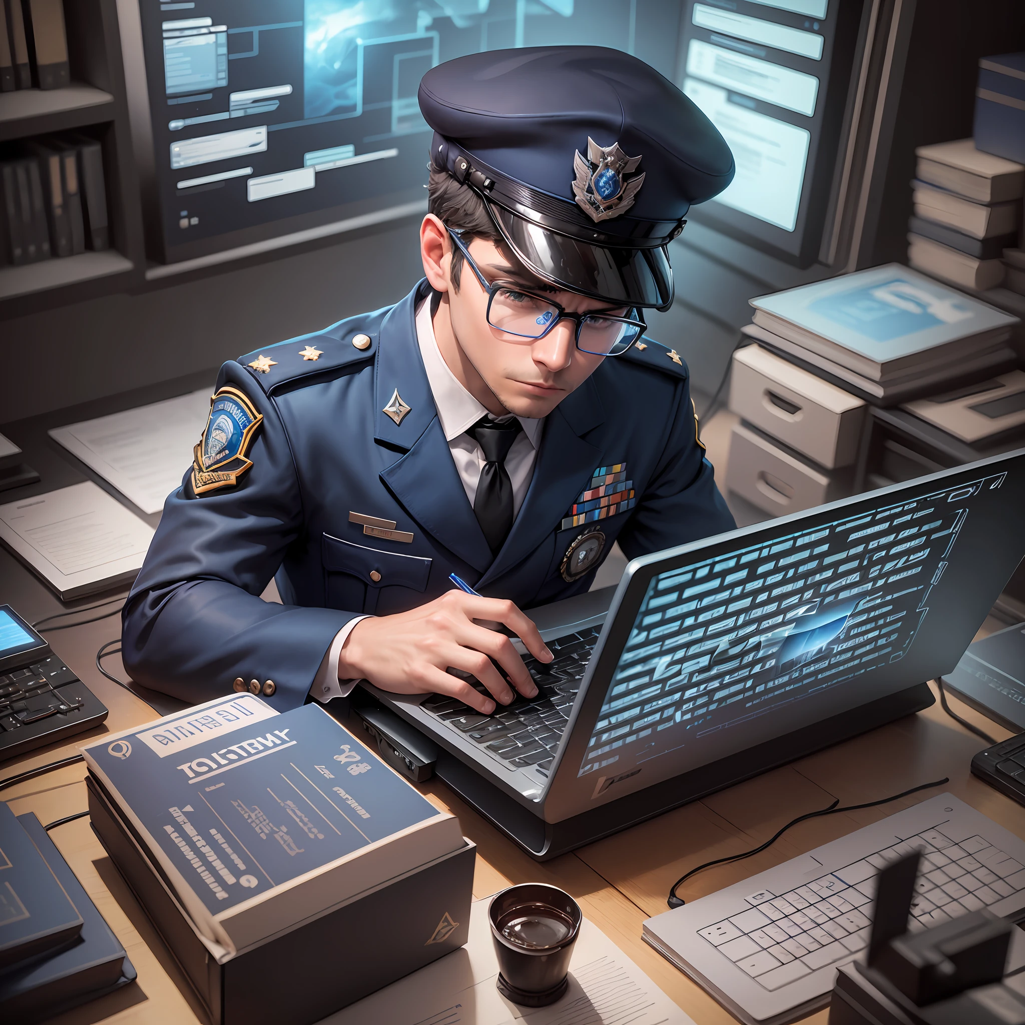 The photo depicts a fair-skinned young officer wearing blue glasses and a black hat, sitting next to a computer. His serious and focused expression indicates that he is immersed in learning, while the cloud symbolizes the richness of the thoughts in his mind. --auto --s2