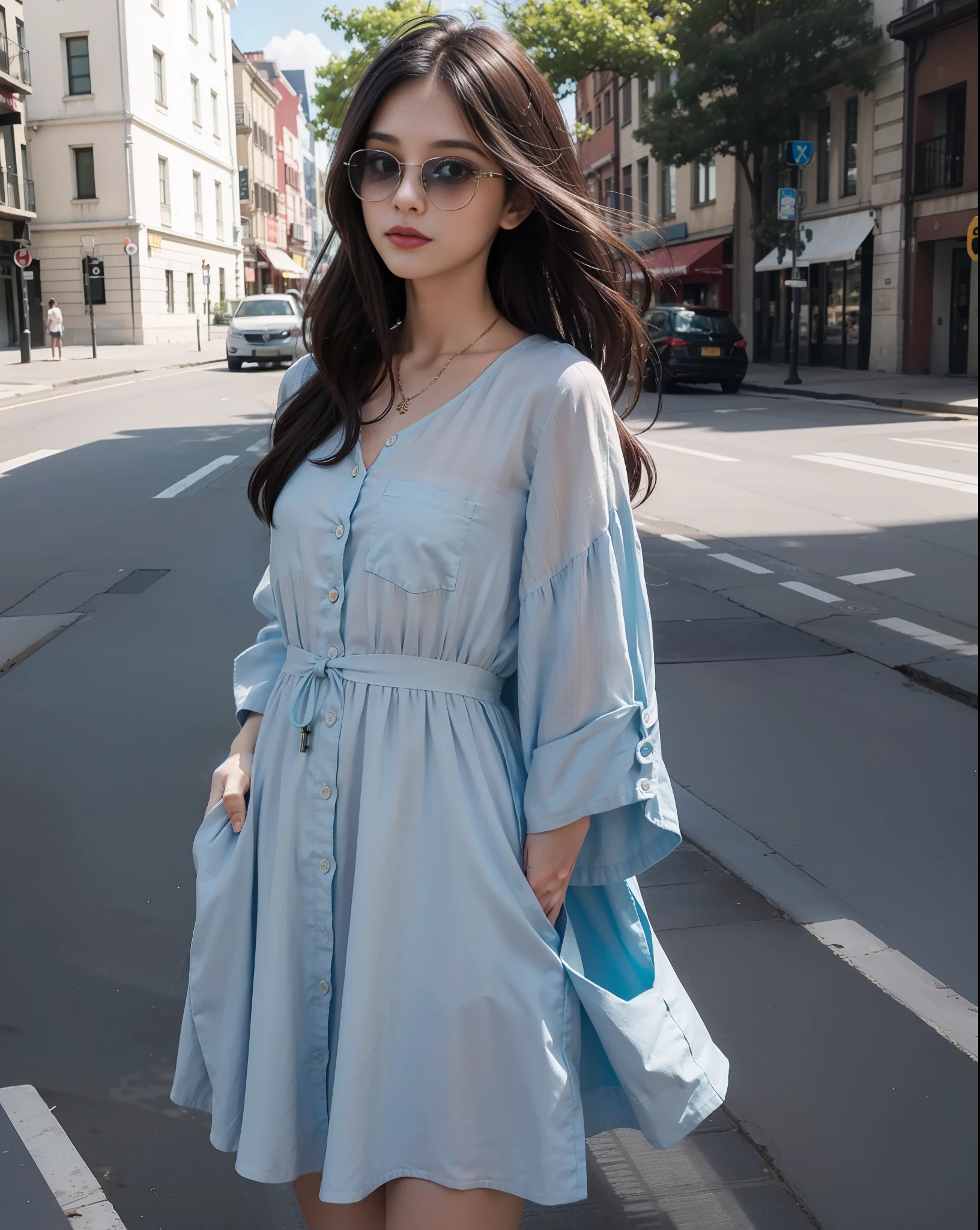 This is a blue striped cotton and linen dress, (color is blue: 1.5), length to the calf, has a large pocket in the front, the material is soft and comfortable cotton linen, economical but durable, This dress is characterized by casual and not casual, the blue stripe pattern is both refreshing and stylish, the details of the pockets add practicality and fun, suitable for pairing with white sneakers, sunglasses, relaxed and stylish The neckline is V-shaped and has a small button, which makes the neck appear more slender, The sleeves are long-sleeved, There is a small folded edge, which increases the sense of layering, (waist is elastic band design: 1.2), (can adjust the tightness: 1.2), adapt to different figures, the skirt is straight, there is a large pocket in the front, you can put small items such as mobile phones or keys, no lining is required in the skirt, because cotton and linen are opaque and unpilling, 4k, 8k, fine details, ultra-high resolution, best quality, high definition, complex details, large file size, amazing, depth of field, natural shadows, (85mm, f/1.4, ISO 200, 1/600: 0.75), (Full body: 1.3), (waist is elastic band design: 1.2)