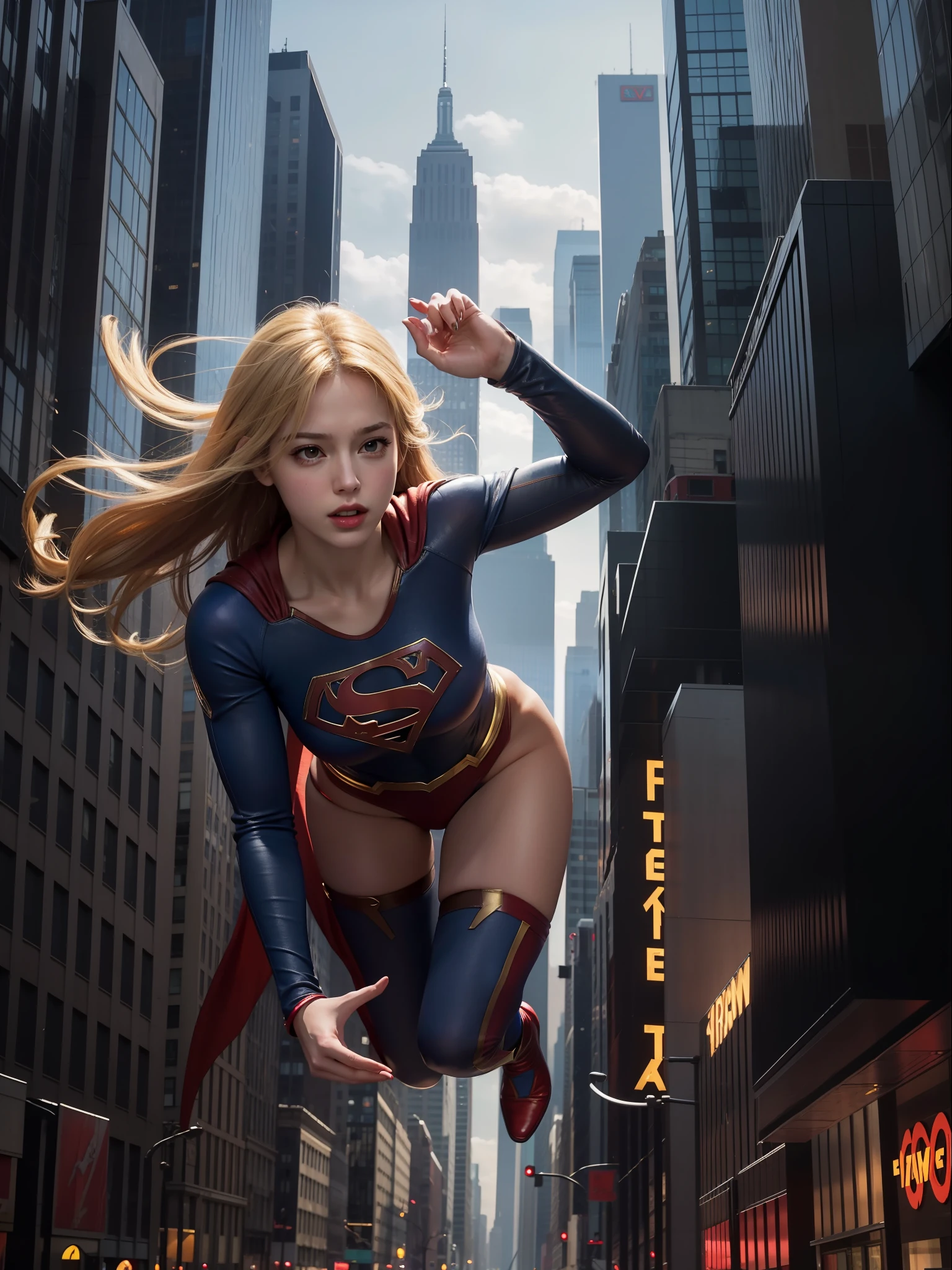 Supergirl flying gracefully between the skyscrapers of New York, best quality, masterpiece, ultra high resolution, (photorealistic: 1.4), raw photo, 1girl, blond hair, bright skin, dramatic lighting, full body, wide hips, huge breasts, big ass