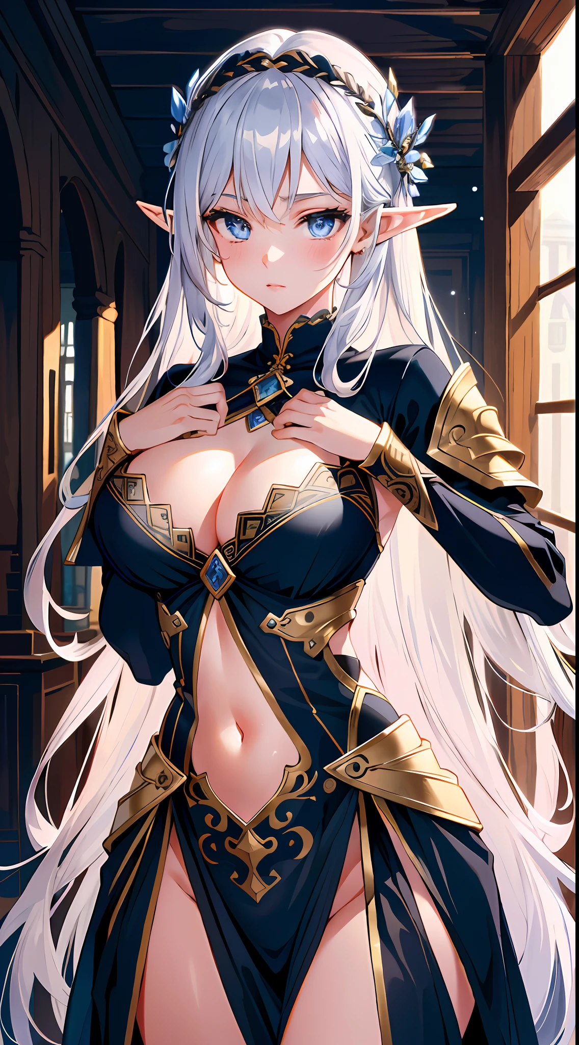 (best quality), best illustration, intricate details, ultra detailed, (2D), hair between eyes, splendid illustration, extremely detailed, 1girl, (bishoujo), ((beautiful detailed face)), (pretty_face+round_face), ((beautiful detailed eyes)), A tall and beautiful elf woman, light blue glowing eyes, perfect face, beautful face, pink lips, cold expression, flushed face, proud posture, chest up, (silver tied hair), exposed chest, huge chests:1.4, exposed shoulders, showing her navel and thighs, beautful thighs, in a medieval inn, (transparent and revealing clothes, black clothes)
