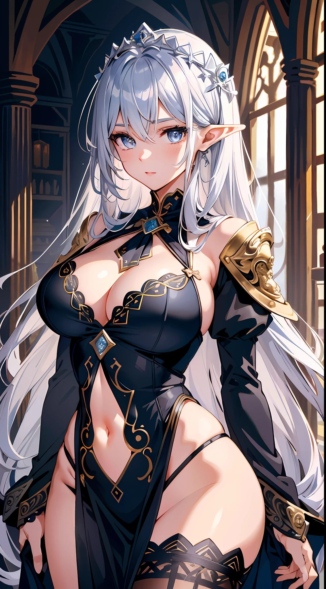 (best quality), best illustration, intricate details, ultra detailed, (2D), hair between eyes, splendid illustration, extremely detailed, 1girl, (bishoujo), ((beautiful detailed face)), (pretty_face+round_face), ((beautiful detailed eyes)), A tall and beautiful elf woman, light blue glowing eyes, perfect face, beautful face, pink lips, cold expression, flushed face, proud posture, chest up, (silver tied hair), exposed chest, huge chests:1.4, exposed shoulders, showing her navel and thighs, beautful thighs, in a medieval inn, (transparent and revealing clothes, black clothes)