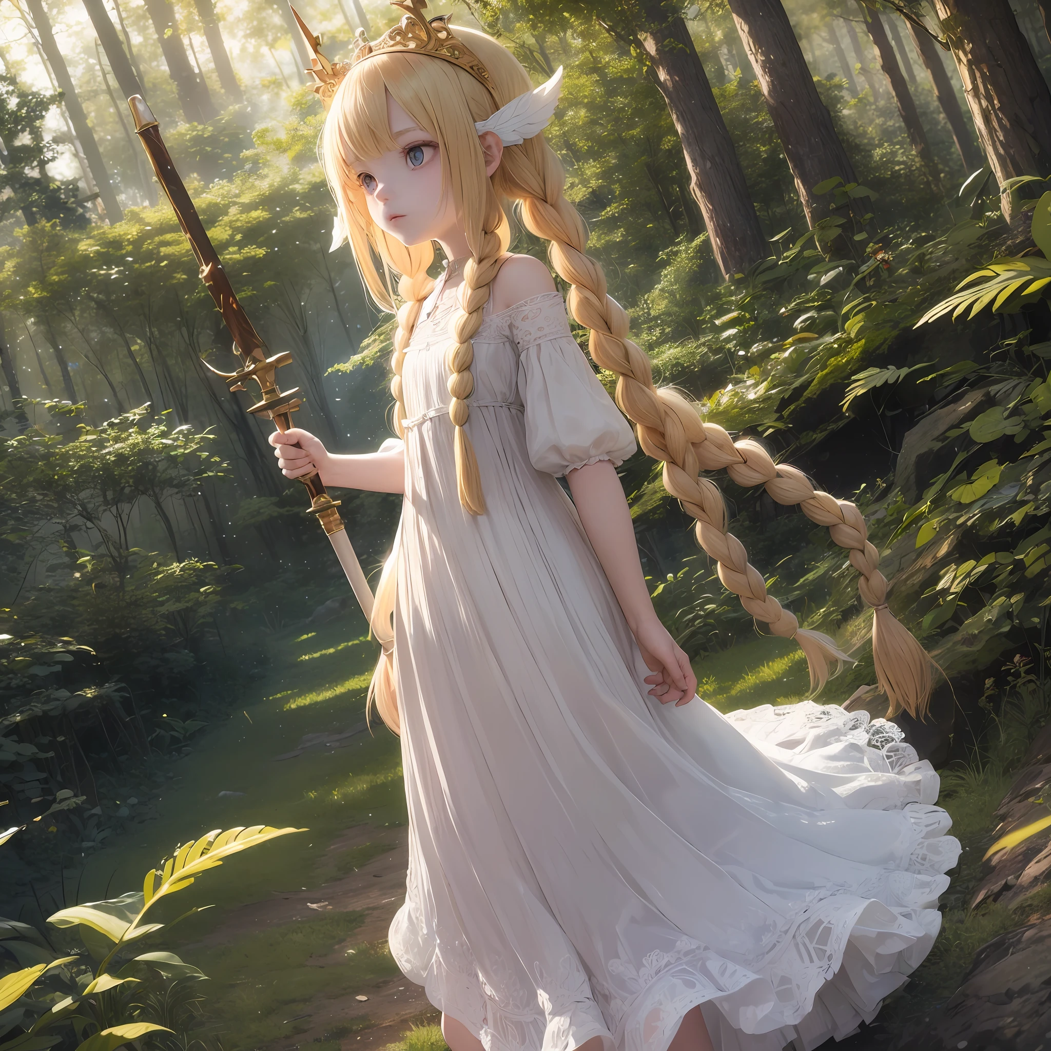 Little girl, child, looking like a fire fairy, pale skinned, long blonde hair, with a long braid back, with fire tips, tied at the end, beautiful simple white dress, small fire marks on bare feet, emerald yellow eyes, fire crown, a long combat staff in her right hand --auto --s2
