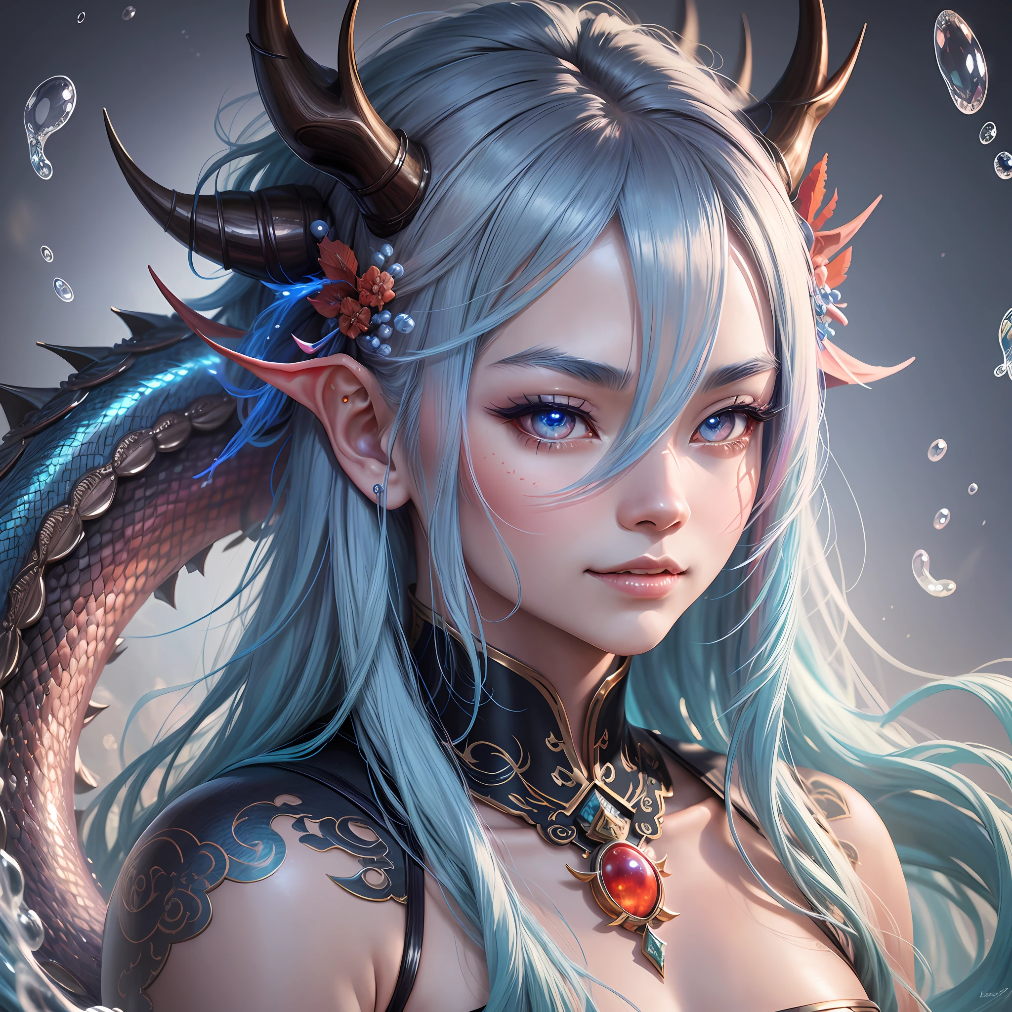 Chinese mythology, Boy,, loong, Dragon, ocean, Coral, pearl, bubble, Ao Bing, Scales, silver hair, blue hair, ahoge, long hair, antlers, forehead jewel, dragon horns, eye reflection, gradient eyes, pupils sparkling, evil smile, anime, Ukiyo-e, anime style, god rays, cinematic lighting, cowboy shot, close-up, UHD, masterpiece, ccurate, anatomically correct, textured skin, super detail, high details, high quality, award winning, best quality, highres