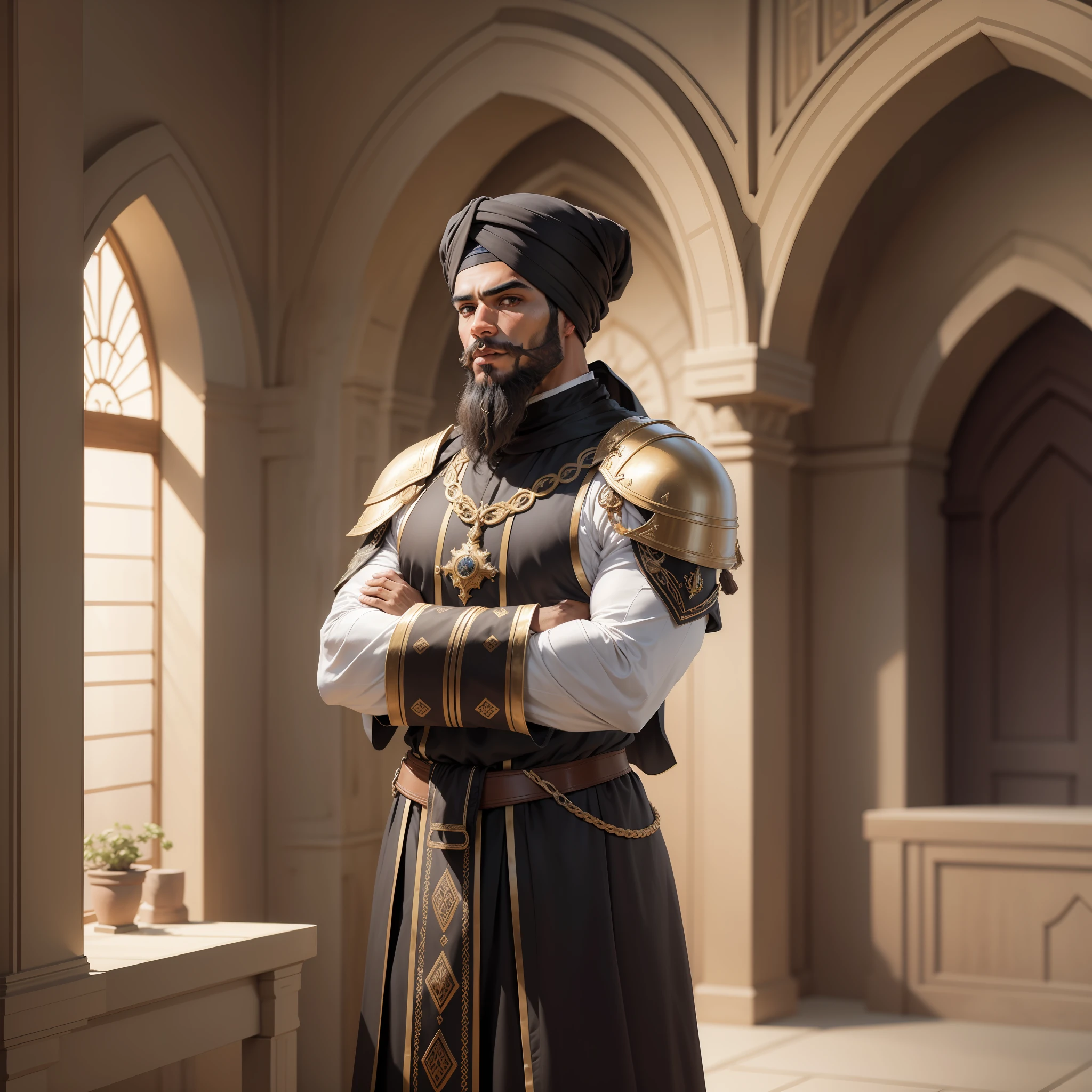 Realistic image of superior quality of a mulatto man of Arab features, mulatto skin, beard, tall and strong, dressed in black cleric's clothes, shoulder pads, wearing a turban on his head, standing and arms crossed, inside a humble house with brown walls