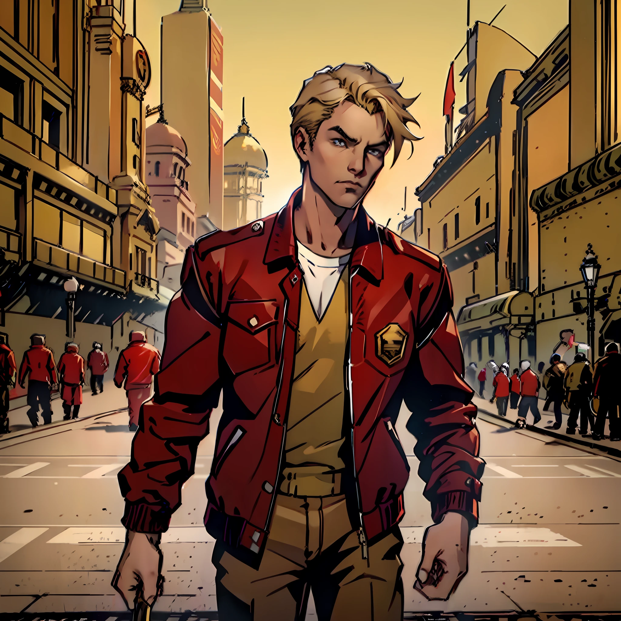 Blonde man, golden shoes and leather jacket with red shirt and khaki pants underneath, in front of  --auto --s2