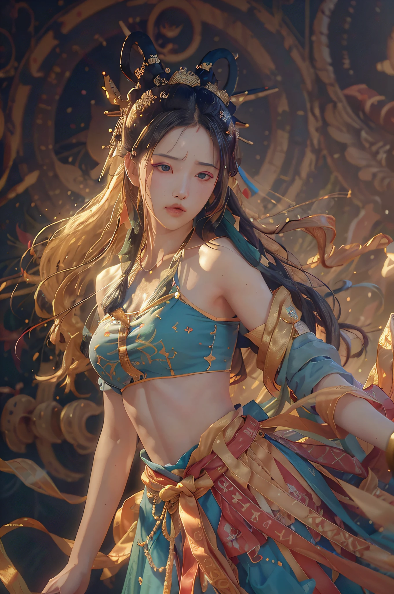 (RAW Photo, Best Quality), (Realistic, Photo Realistic: 1.3), Best Quality, Highly Detailed, Masterpiece, Hyper Detail, Illustration, 1 Girl, upper_body, Dynamic Angle, Beach, messy_long_hair, Best Quality, Extremely Detailed CG Uniform 8k Wallpaper, Ink, Amazing, Cinematic Lighting, lens_flare,, dunhuang_style