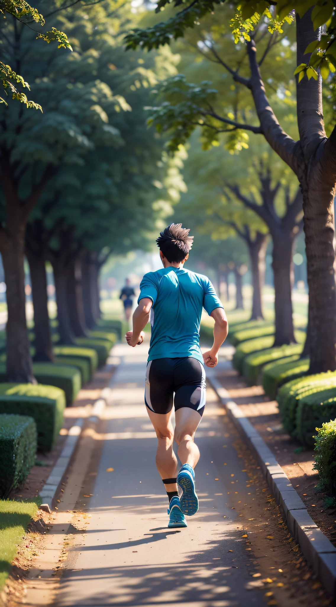 Early in the morning, a man runs on a tree-lined path, his eyes shine on his body, and a golden light shrouds [camera angle: low] [lens filter: blue] [blur volume: high] [blur direction: horizontal], shot from behind, with a park in the background.