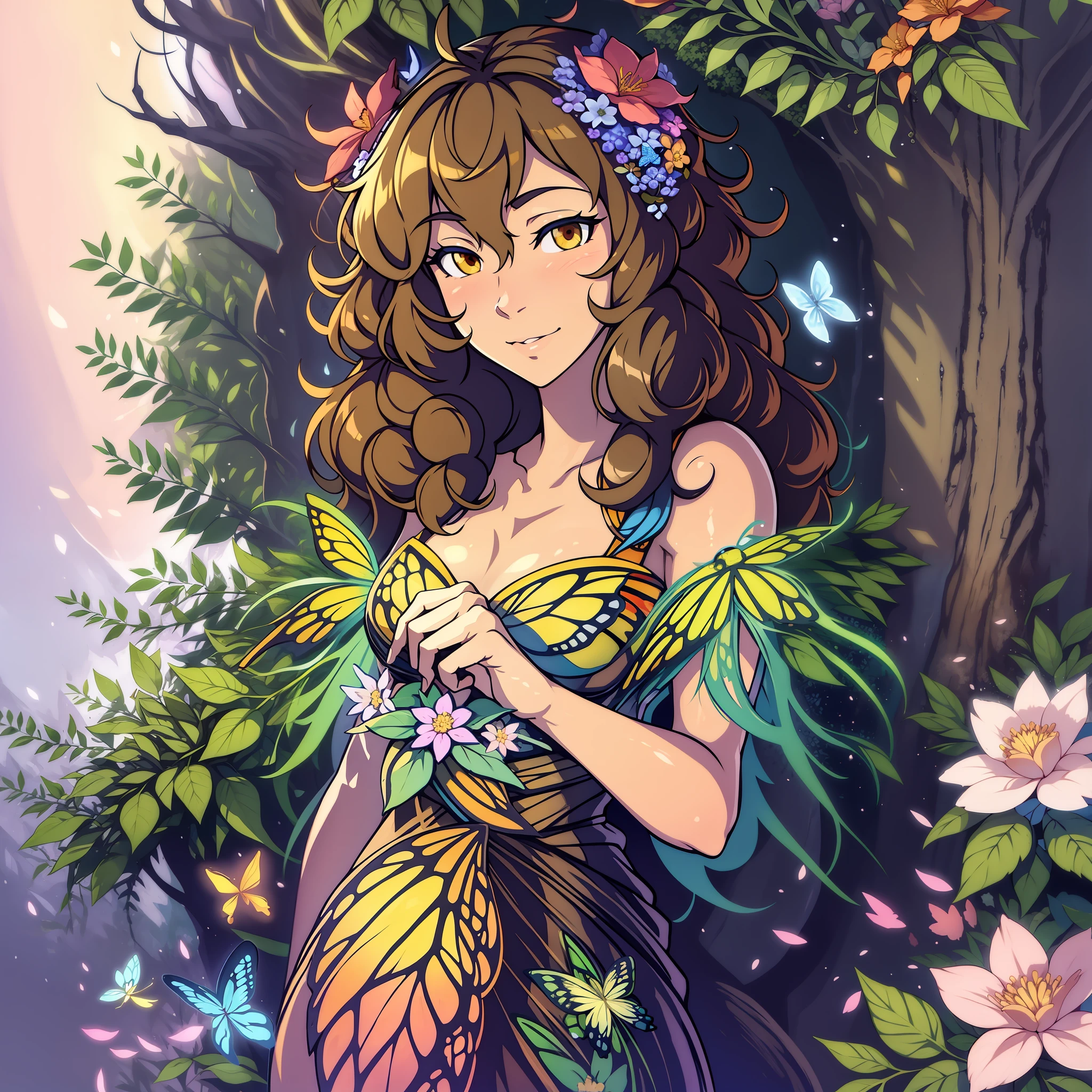 An image of a curly-haired girl surrounded by flowers and butterflies, evoking a sense of natural beauty and connection to nature.