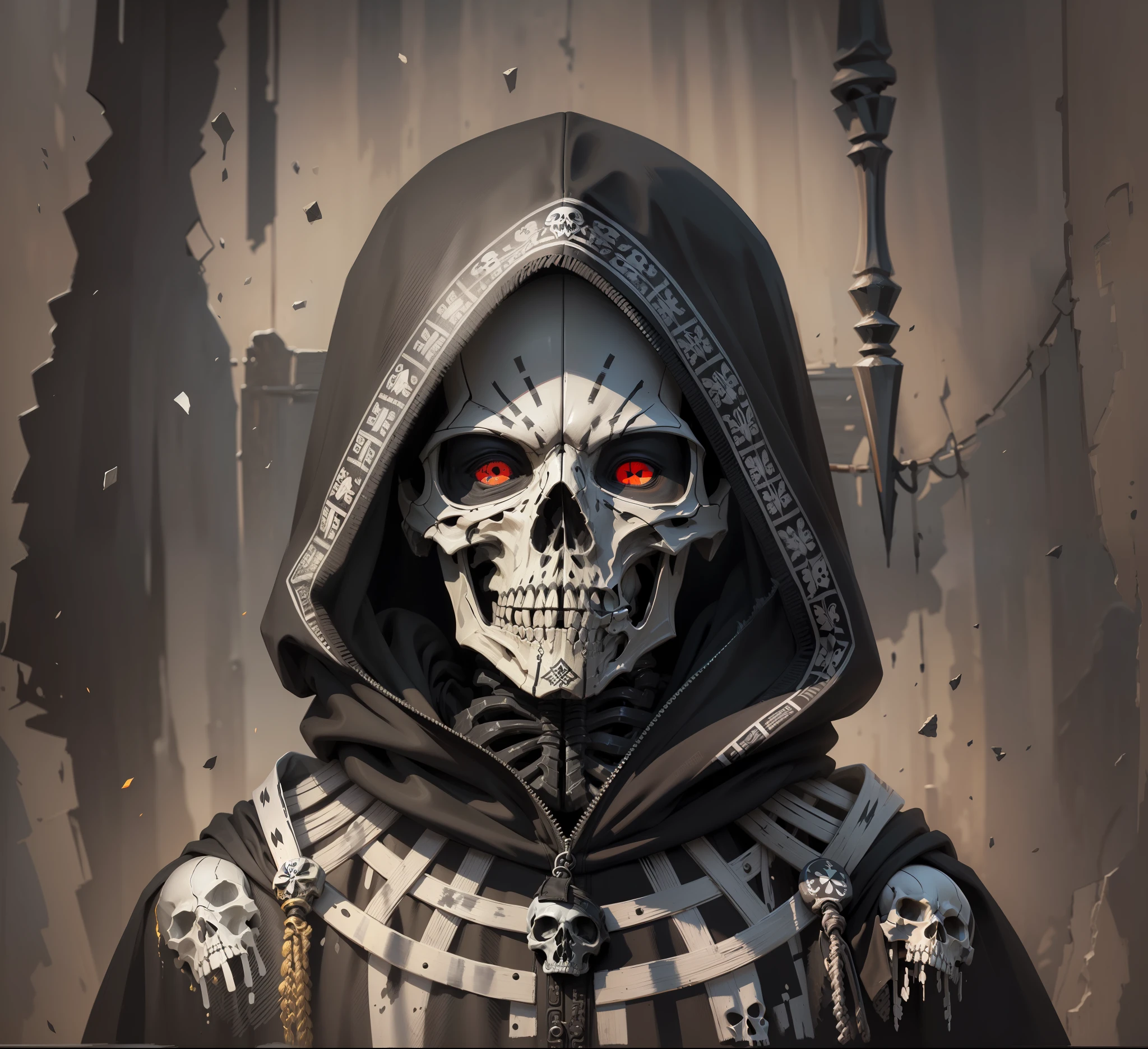 (A high-quality painting of a hooded humanoid skeleton with a black and gray hood, with black eyes and a skull, which features a Mexican painting style and features clear lines and vibrant colors.)