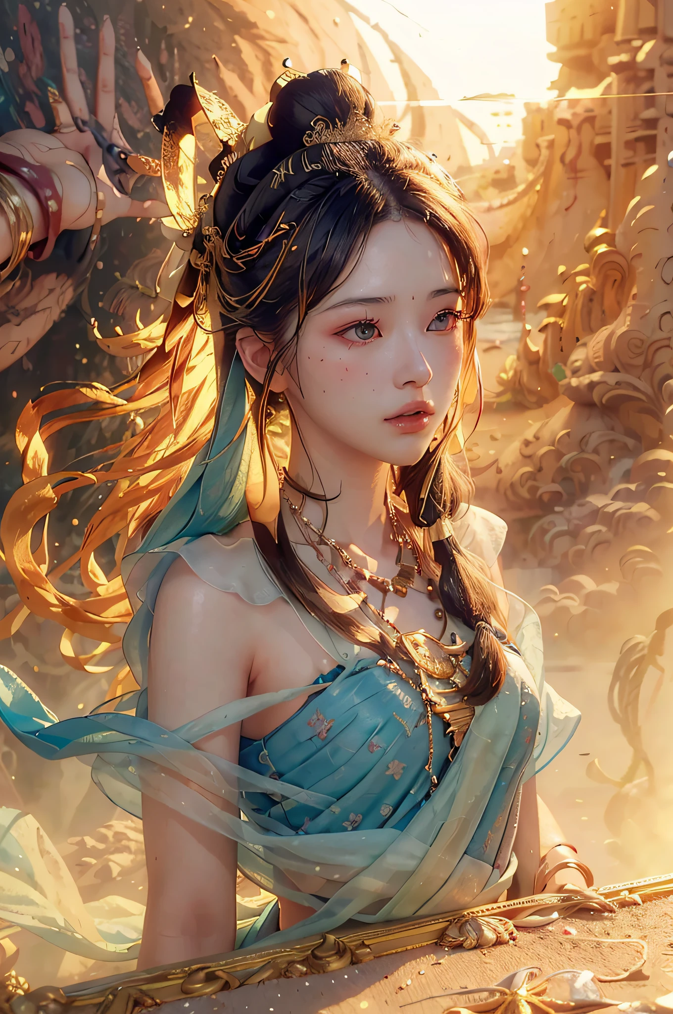 (RAW Photo, Best Quality), (Realistic, Photo Realistic: 1.3), Best Quality, Highly Detailed, Masterpiece, Hyperdetail, Illustration, 1 Girl, upper_body, Dynamic Angle, ((Beach)), messy_long_hair, Best Quality, Extremely Detailed CG Uniform 8k Wallpaper, Ink, Amazing, Cinematic Lighting, lens_flare,dunhuang_style