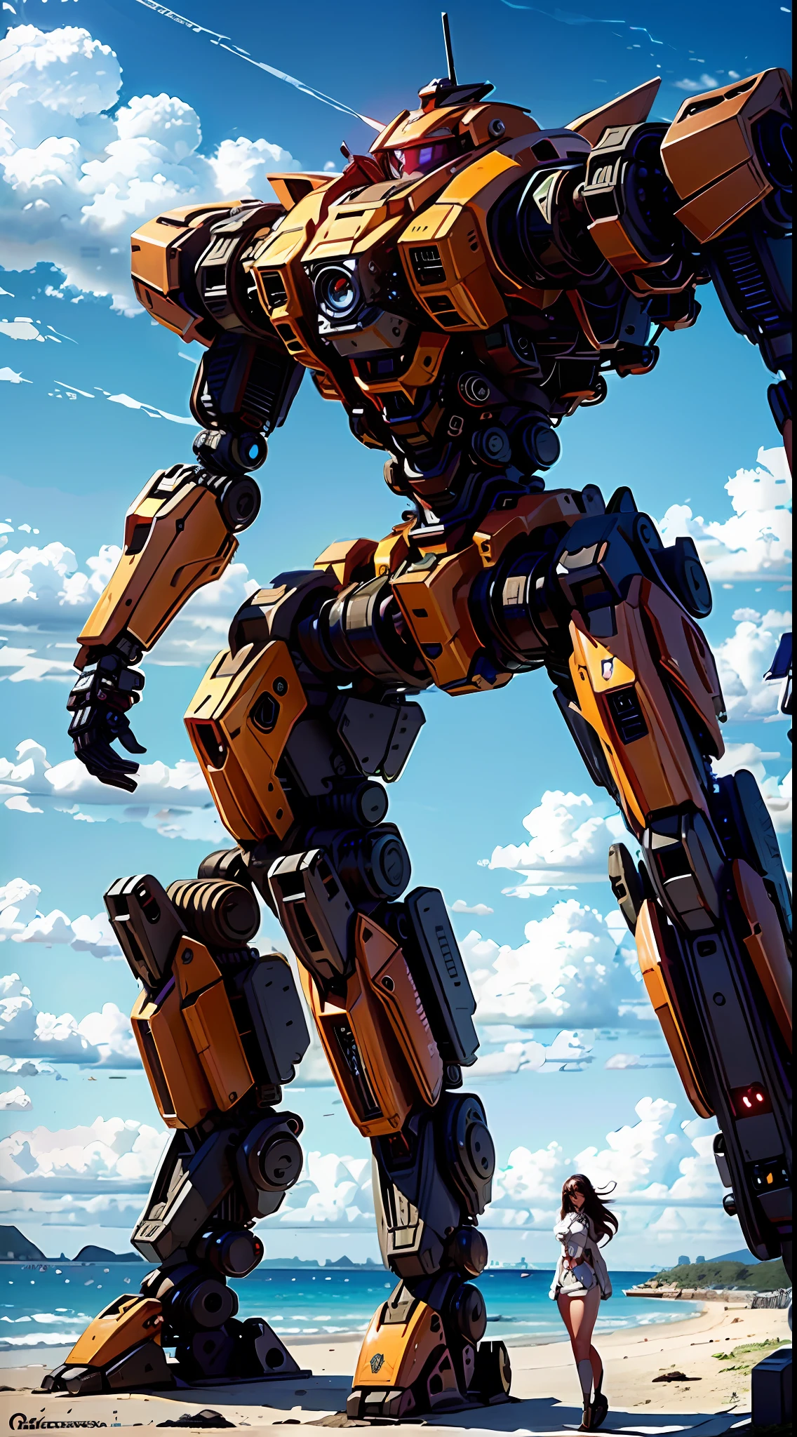 8K resolution, top picture quality, cinematic texture, realistic style, SLR ultra-high-definition camera shooting, Alafard robot standing on the beach, miniature tanks on the beach, tiny battleships on the sea, sea horizon in the background, huge mecha robot, Alexander Ferra mecha, mecha art, mecha aesthetics, realistic fighter mecha, cool mecha style, humanoid mecha, colorful colors,