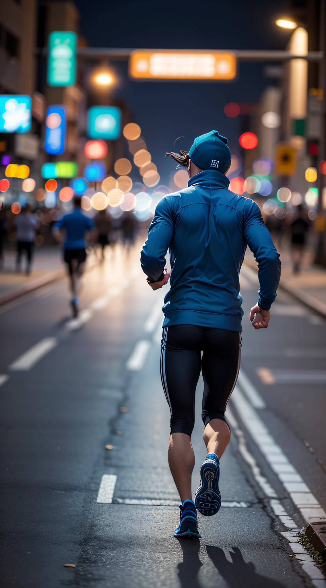 A man runs on the road at night, [ camera angle: low ][ lens filter: Blue ][ blur amount: high ][ blur direction: level ] , shot from behind, with street lights in the background. --auto --s2