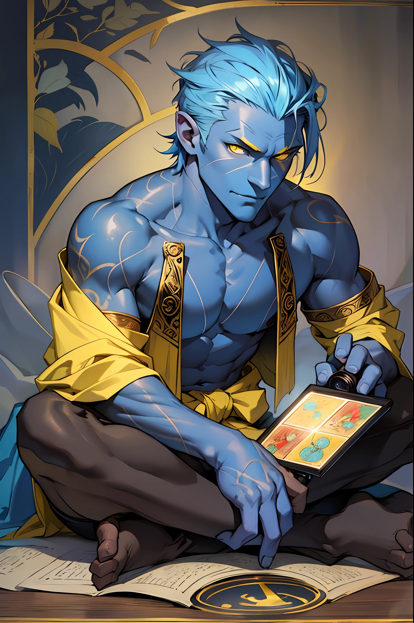 (best quality), a blue-skinned man with (yellow eyes) is sitting and holding a (magic lantern). --auto --s2