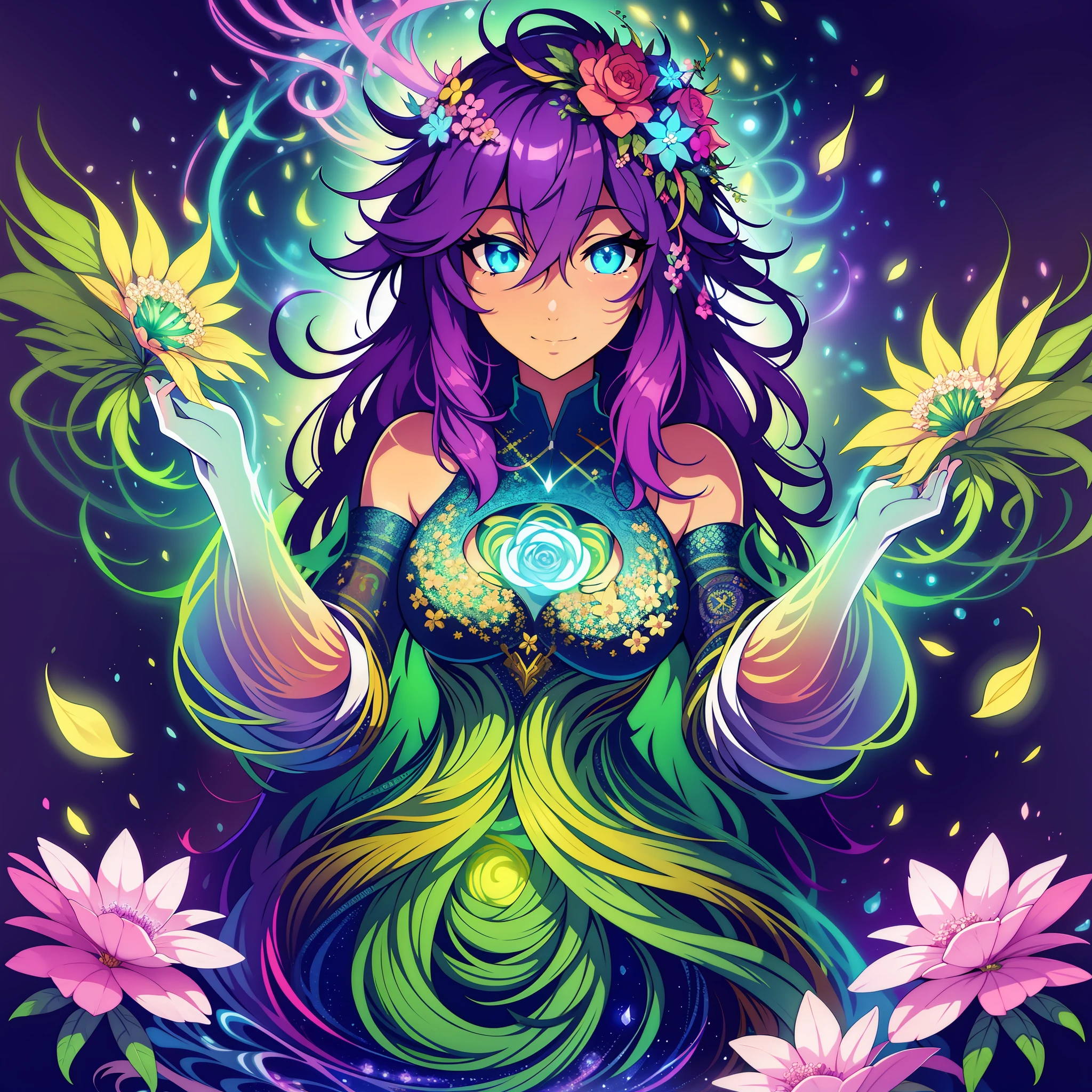 A sticker depicting a girl surrounded by magical plants and glow-in-the-dark flowers, creating a mystical and magical atmosphere.