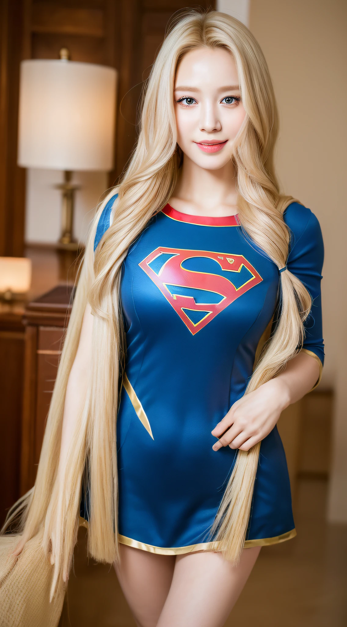 ((Best quality, 8k, Masterpiece :1.3)), supergirl with her baby: 1.3, full body, (long blonde hair, American woman face) delicate eyes, double eyelids, smile, home