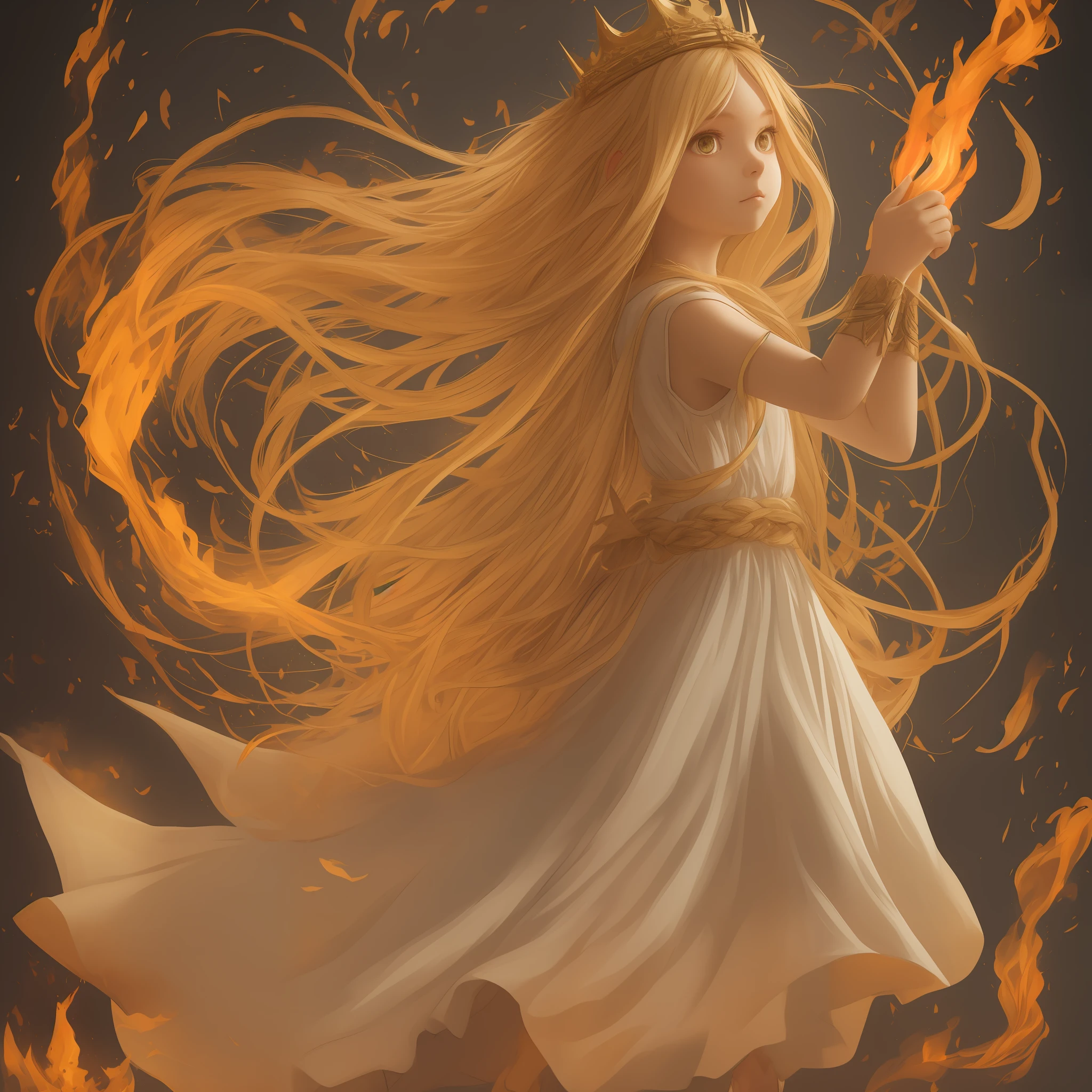 Little girl child, long blonde hair braided back with fire spikes, beautiful simple white dress, small fire marks on bare feet, emerald yellow eyes, crown of fire, a long stick in her right hand --auto --s2