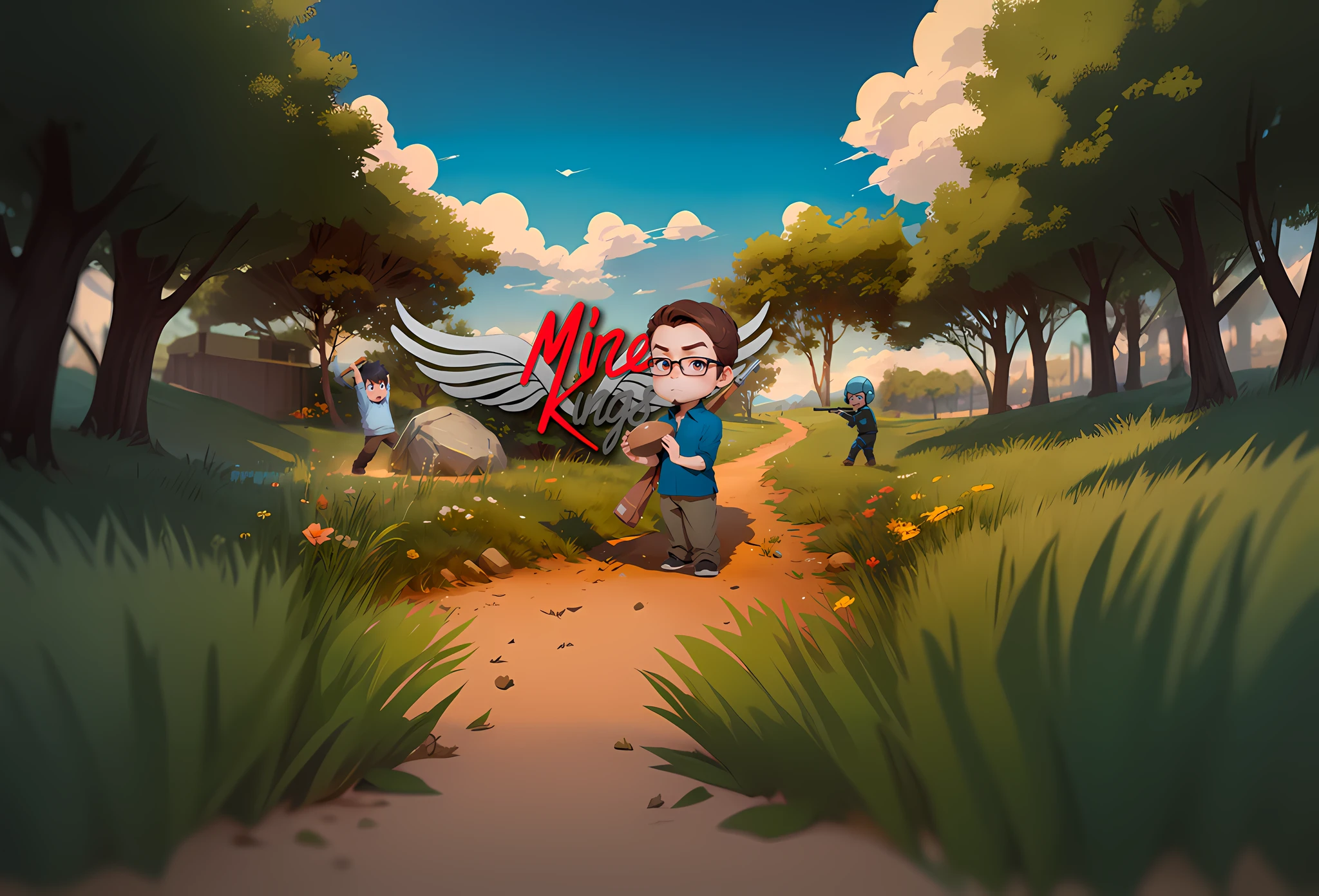 cartoon of a boy with a gun and a girl with a backpack in a field, official artwork, mines, official fanart, official art, key art, mobile game art, box art, by Mirko Rački, promo art, mk ninja, mining, mikko, mike kime, stylized game art, official illustration