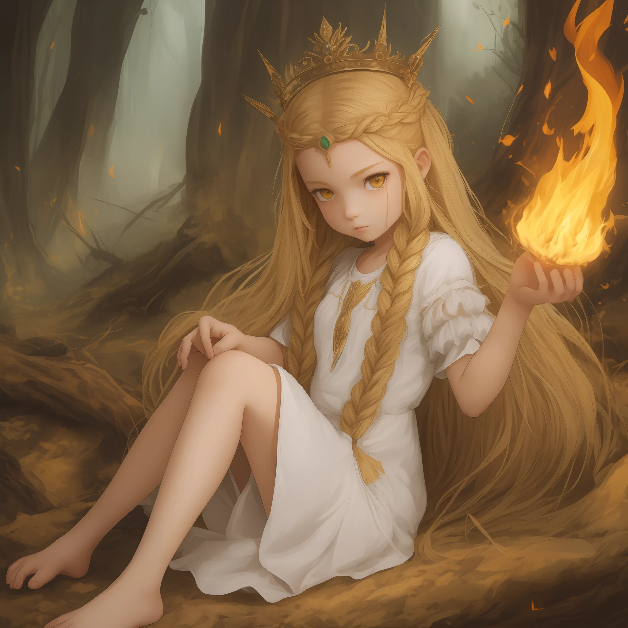 Little girl child, long blonde hair braided back with fire spikes, beautiful simple white dress, small fire marks on bare feet, emerald yellow eyes, crown of fire, a long stick in her right hand --auto --s2