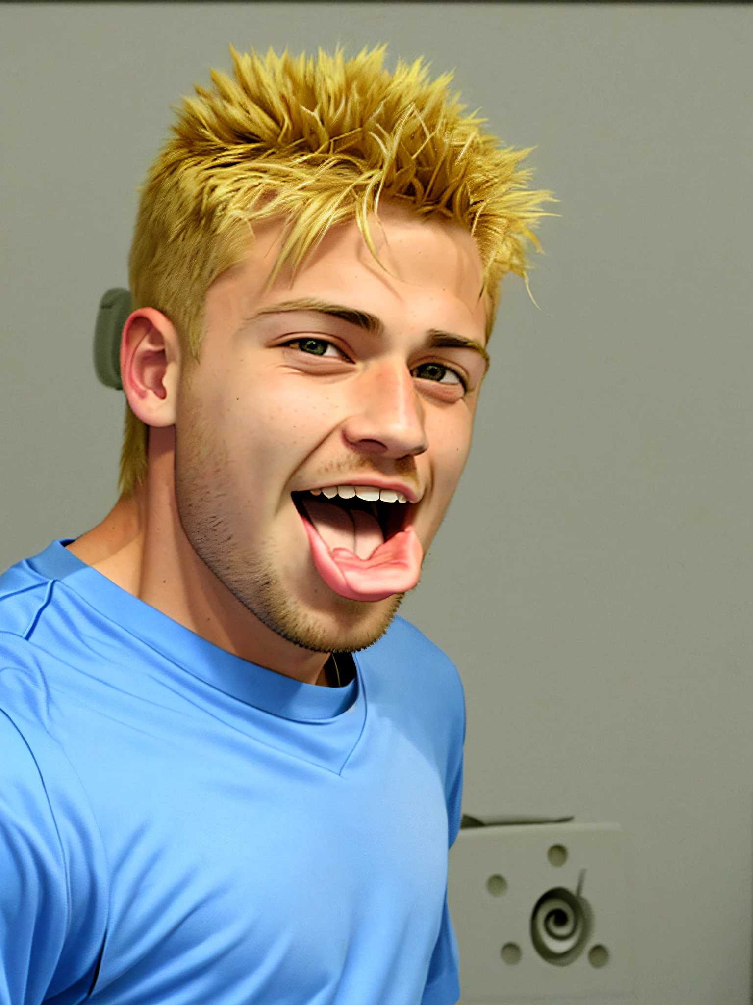 arafed man with a shirt on sticking tongue, small blonde goatee, tongue out, blonde face, tongue sticking out, licking tongue, long tongue, short goatee, happy with open mouth, tags: blonde hair, young spanish, ronaldo luis nazario de lima, handsome young man, duckface, guys, tongue, blonde man, anime