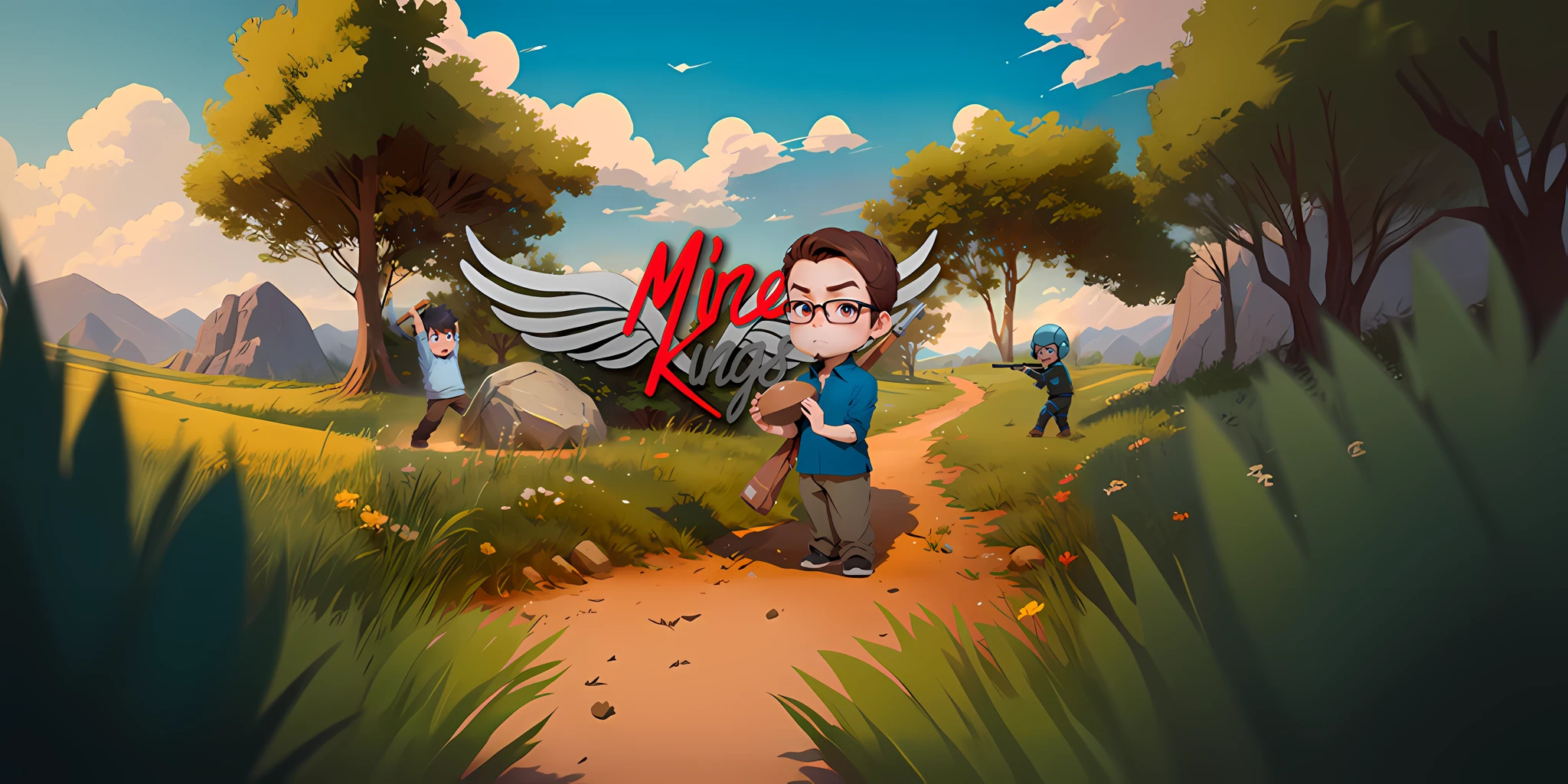 cartoon of a boy with a gun and a girl with a backpack in a field, official artwork, mines, official fanart, official art, key art, mobile game art, box art, by Mirko Rački, promo art, mk ninja, mining, mikko, mike kime, stylized game art, official illustration