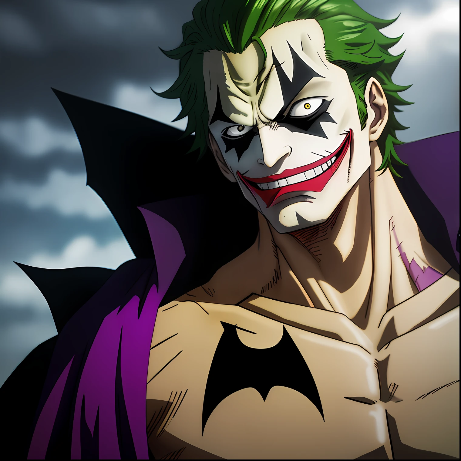 Create a joker,based on the DC comics anime,with mutilated body,after fighting with Batman,gotan scenario,well detailed