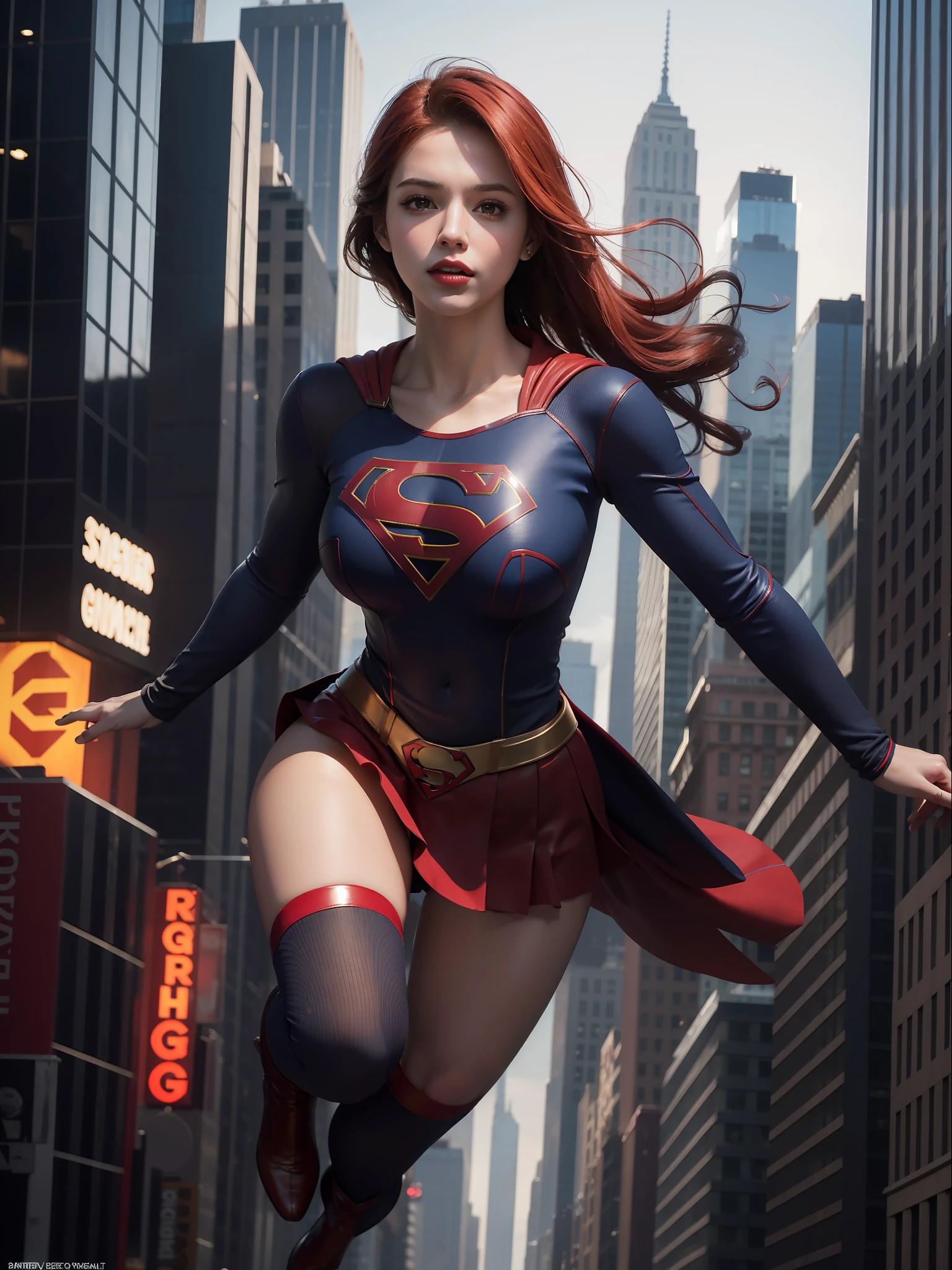 Supergirl flying gracefully between the skyscrapers of New York, best quality, masterpiece, ultra high resolution, (photorealistic: 1.4), raw photo, 1girl, red hair, bright skin, dramatic lighting, full body, wide hips, huge breasts, big ass