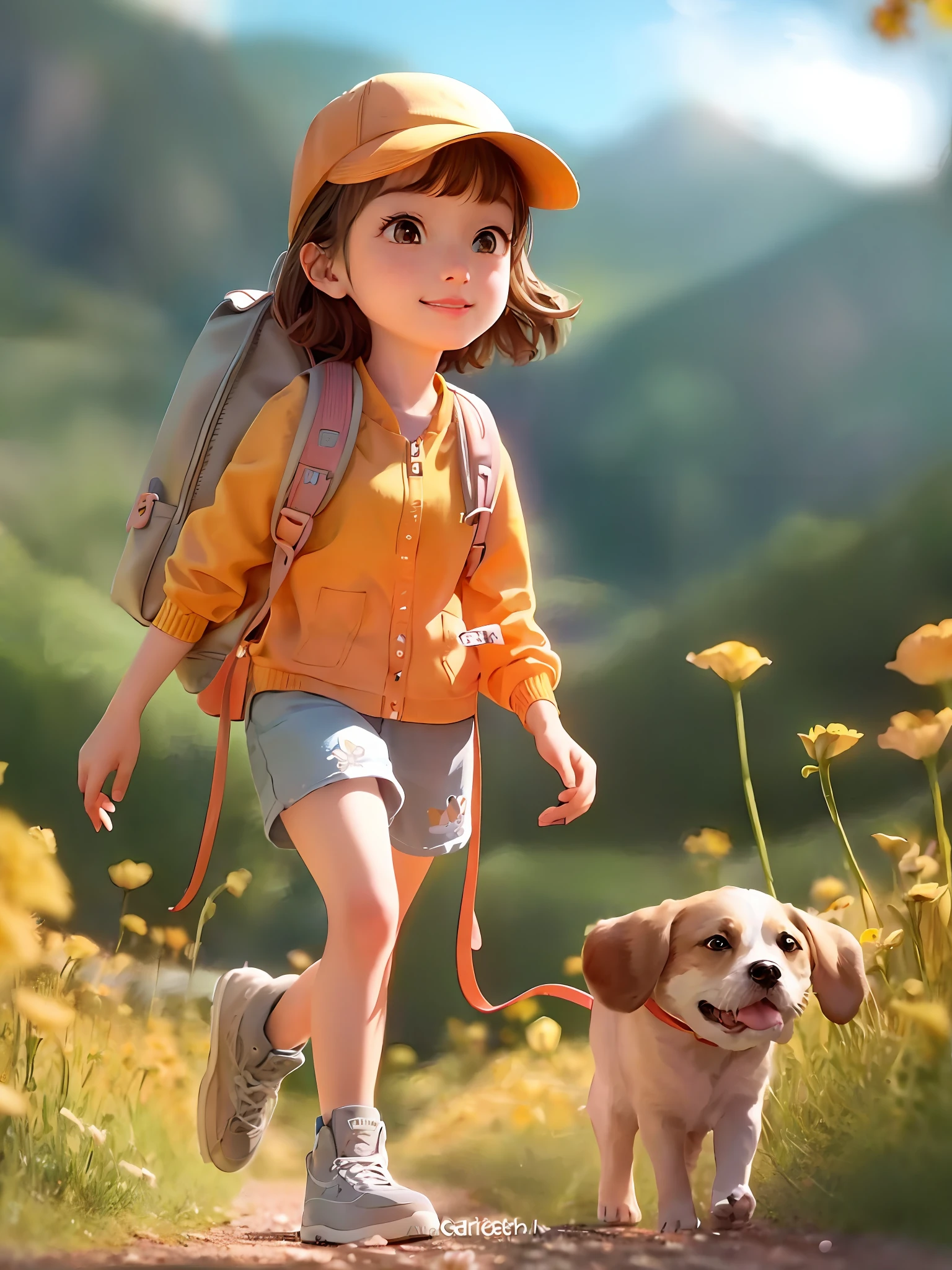 Tip: A very charming one with a backpack and her cute puppy enjoying a beautiful spring walk surrounded by beautiful yellow flowers and nature. The illustration is a high-definition illustration in 4K resolution, featuring highly detailed facial features and cartoon-style visuals.