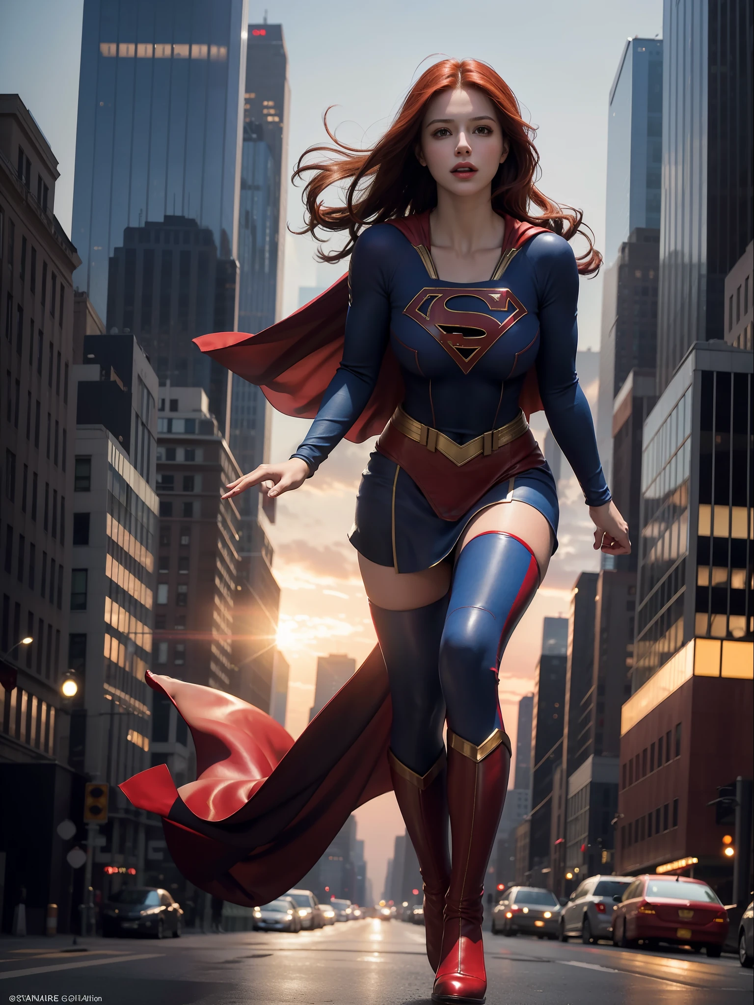 Supergirl flying gracefully between the skyscrapers of New York, best quality, masterpiece, ultra high resolution, (photorealistic: 1.4), raw photo, 1girl, red hair, bright skin, dramatic lighting, full body, wide hips, huge breasts, big ass