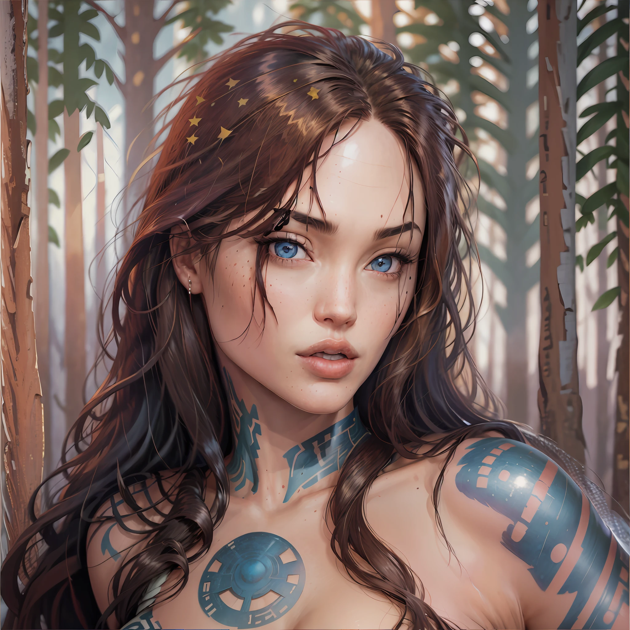 Megan Fox realistic, cheerful face, detailed skin, breasts, body, long dark red hair, small tribal tattoo, intense blue eyes with brightness, ultrarealism, cinematic lighting, 8K, super detail, best quality, masterpiece, starry night landscape background in the forest. --auto --s2