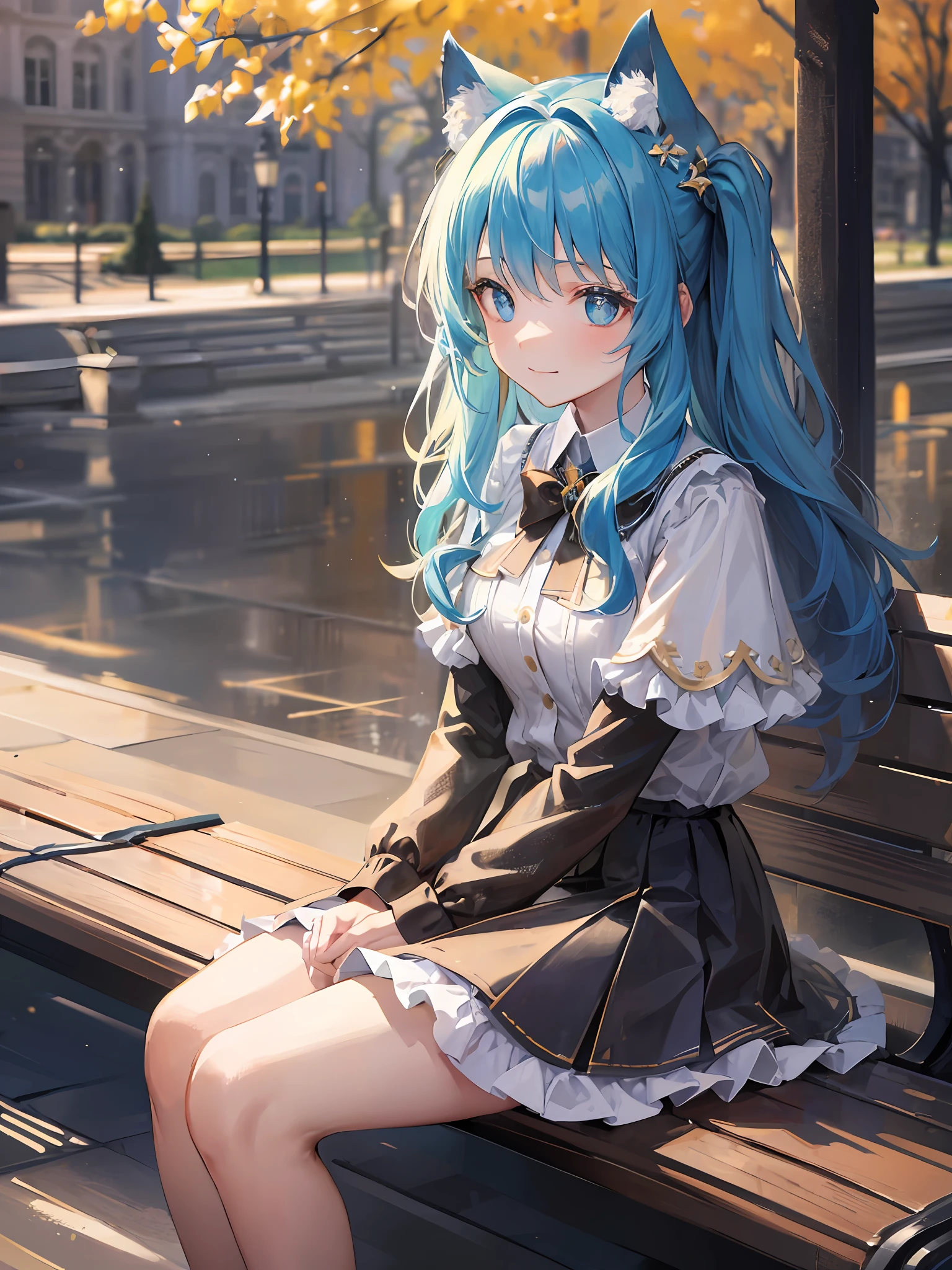 Girl, (sparkling eyes, shinning eyes), colored inner hair, fluffy and wavy hair, (full body shot), long exposure, sit on a bench, (looking away), winded light smile, caustic lighting, volumetric lighting, wide shot, beautiful background, park, (enchanting background), danw, masterpiece, absurdres
