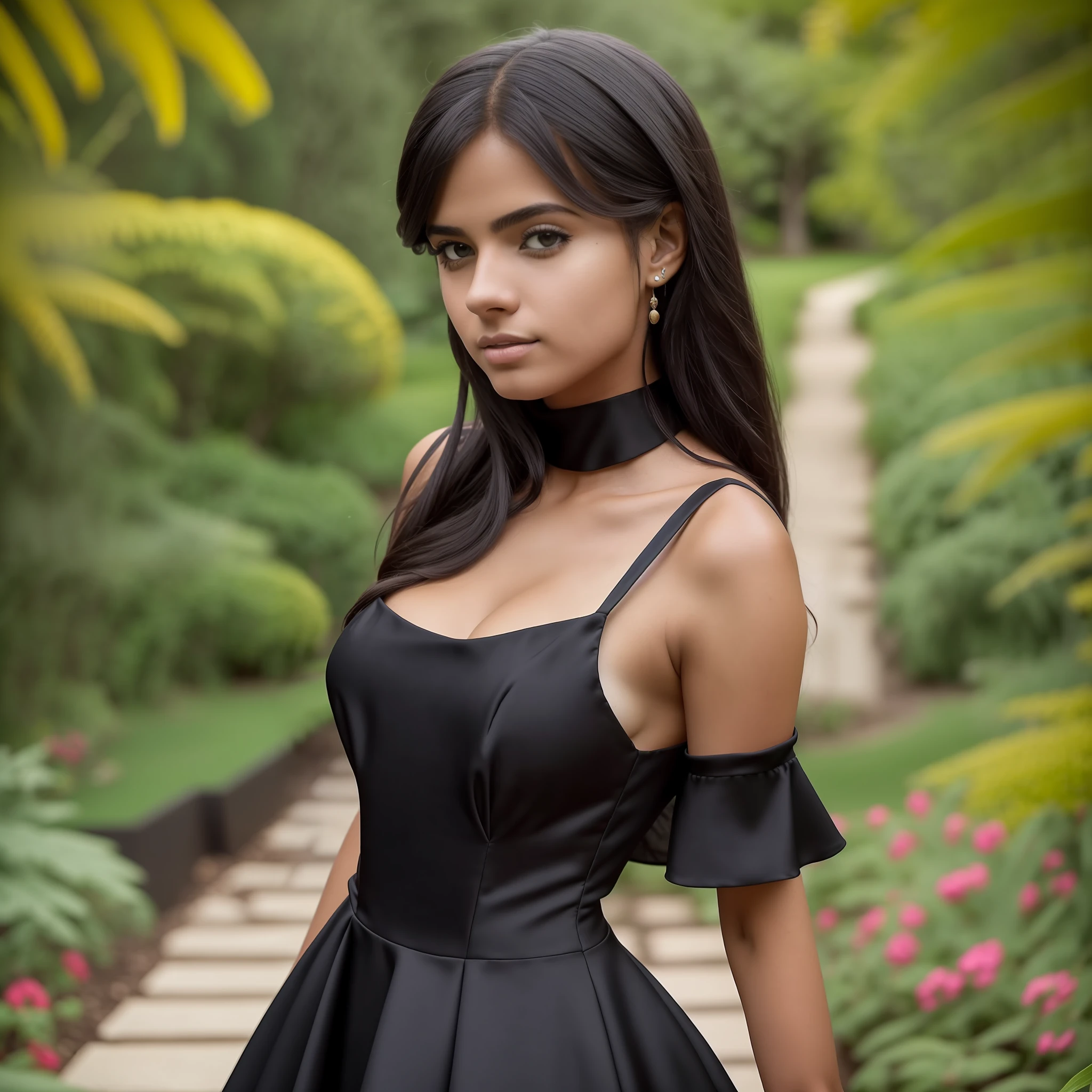 dark theme, (best quality, masterpiece: 1.2), 22yo young brazilian woman in garden, black neckline dress, half-body shot, cinematic shot, 16k, very formal --auto --s2