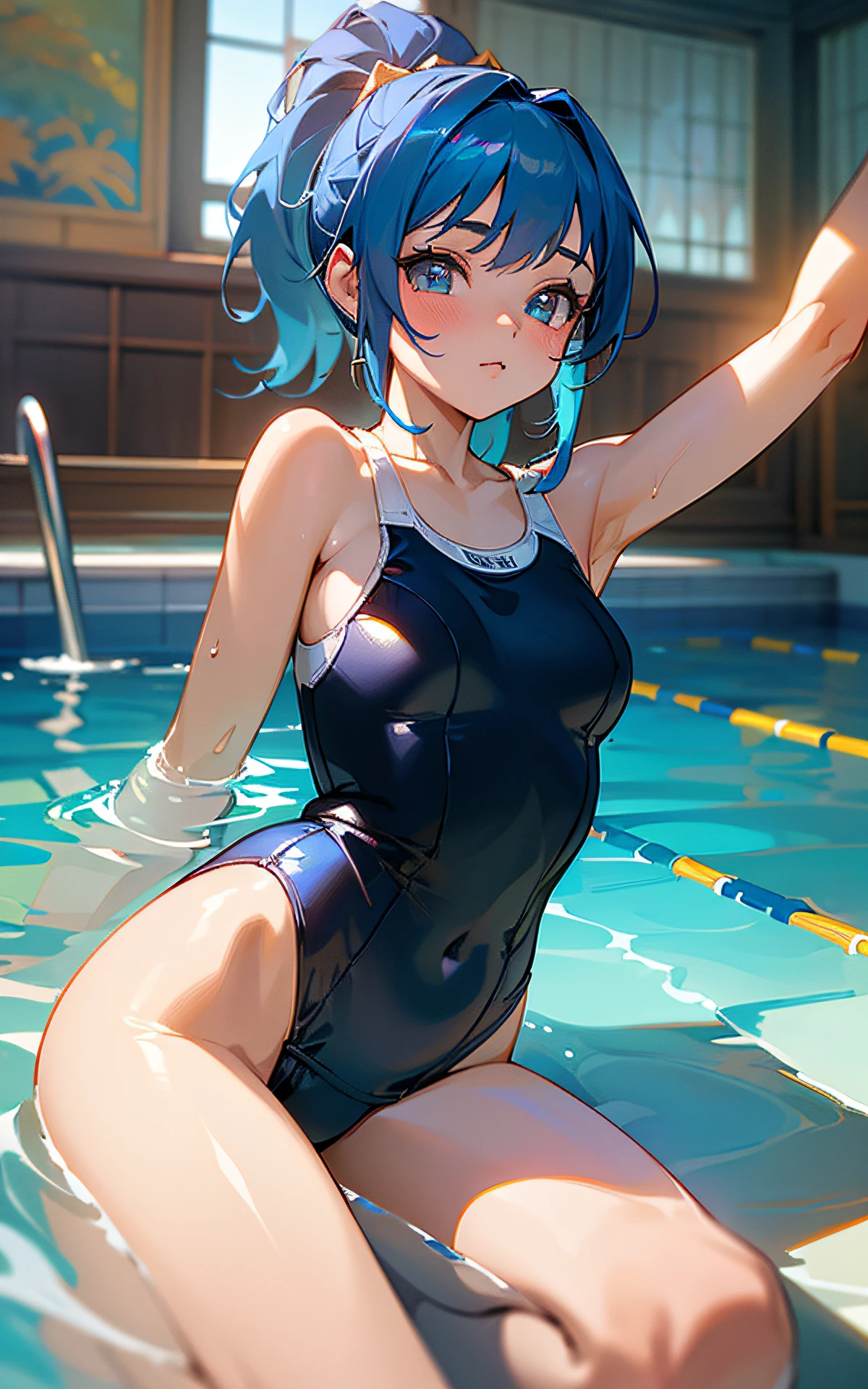 ((unity 16k wallpaper, masterpiece, best quality, ultra-detailed, extremely detailed CG, caustics, cinematic lighting, detailed, beautiful detailed eyes)), ultra high resolution, fine skin, (cute: 1.2), ( 15 year old girl), ((old school swimsuit: 1.6)), summer sunshine, pool, ((writing in background)), blue hair, arms outstretched, ponytail, school swimsuit with drainage
