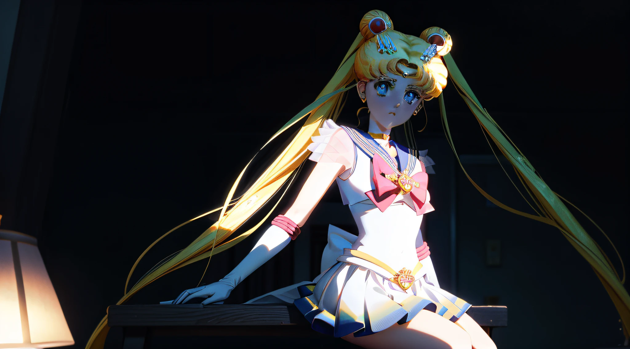Sailor moon Usagi, Clothing consists of a white short-sleeved blouse, a navy blue pleated skirt that goes up to the knees, white socks and black shoes. The blouse usually has a pointy collar and a yellow tie. They also wear a pair of red bows in their hair, 8k, v5