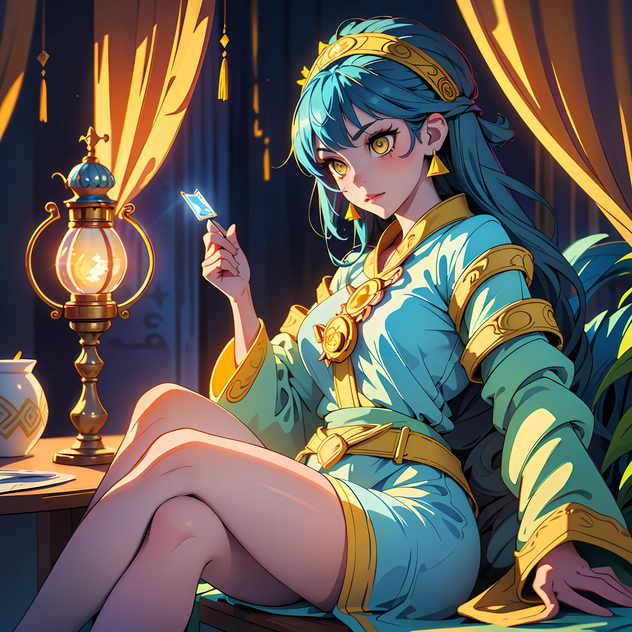 (A beautifully crafted girl), best quality, blue skin, (yellow eyes), (sitting in a mystical atmosphere), holding a (mysterious magic lantern), (dazzling light, shining bright).