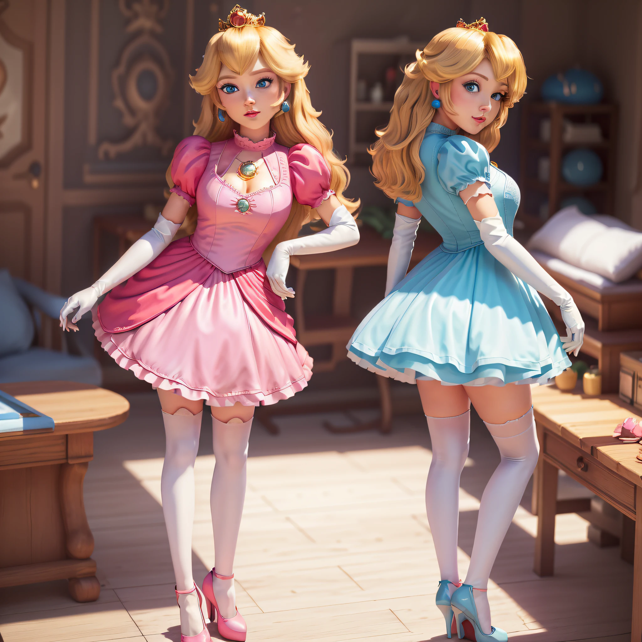STICKER, (best quality, masterpiece, highres:1.4, solid outline:1.2), absurdres, 1 girl, large breasts, star eye, Princess Peach, blush, (realistic:1.5), blue eyes, short pink tight dress, milf, white arm glove, full body portrait, cowboy shot, no background, looking at viewer, perfect face, detailed face, bangs, perfect body, beautiful eyes, pretty face, bright skin, idol, shoes, cleavage, ass view, sexy stockings, unbutton top, dress open, panties, full body, shoes visible