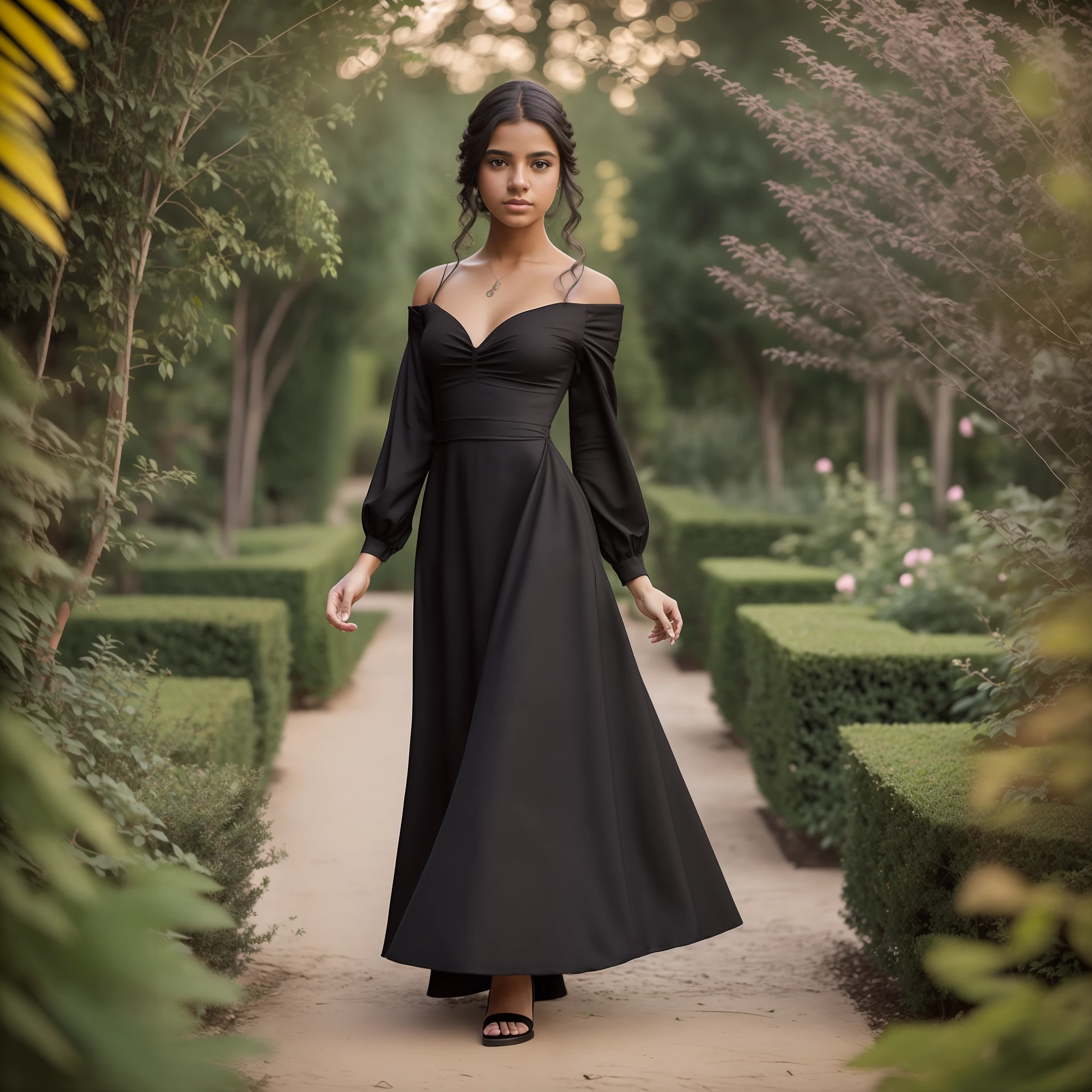 dark theme, (best quality, masterpiece: 1.2), 22yo young brazilian woman in garden, black neckline dress, half-body shot, cinematic shot, 16k, very formal --auto --s2
