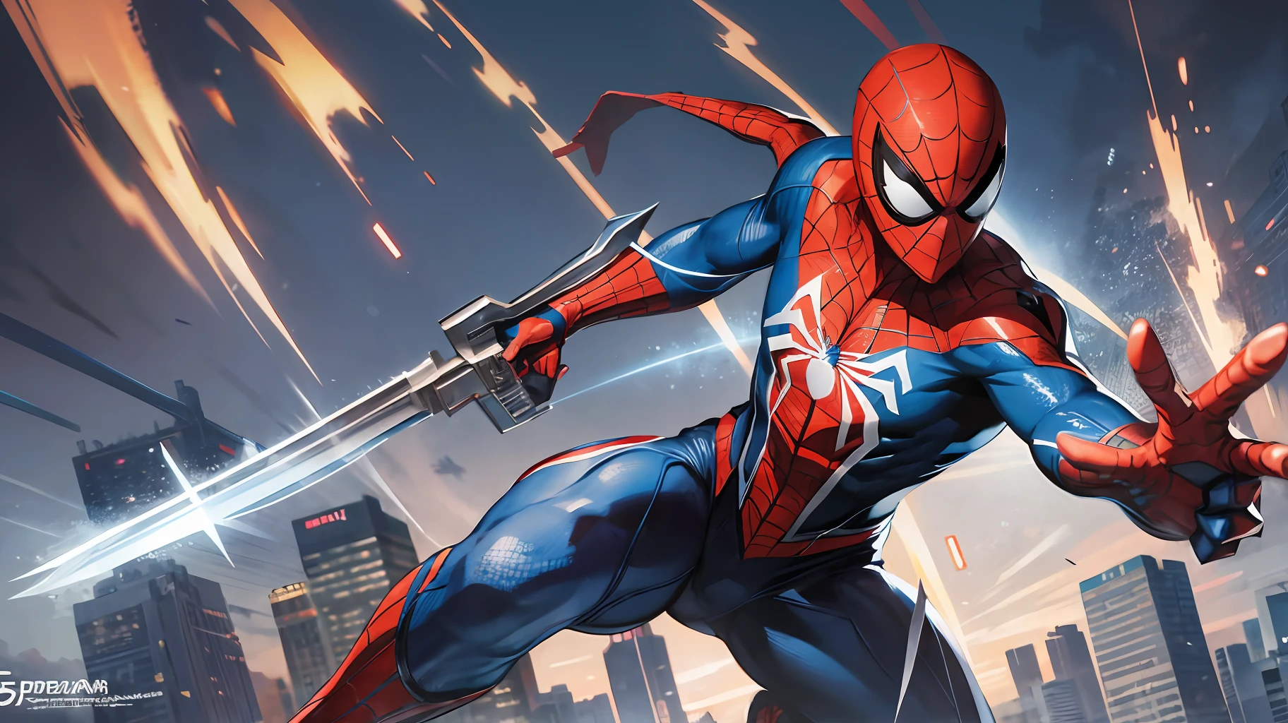 Spiderman holding two weapons, with open arms, in different costumes, hyper detailed, realistic resolution, solo, hands and feet --auto --s2