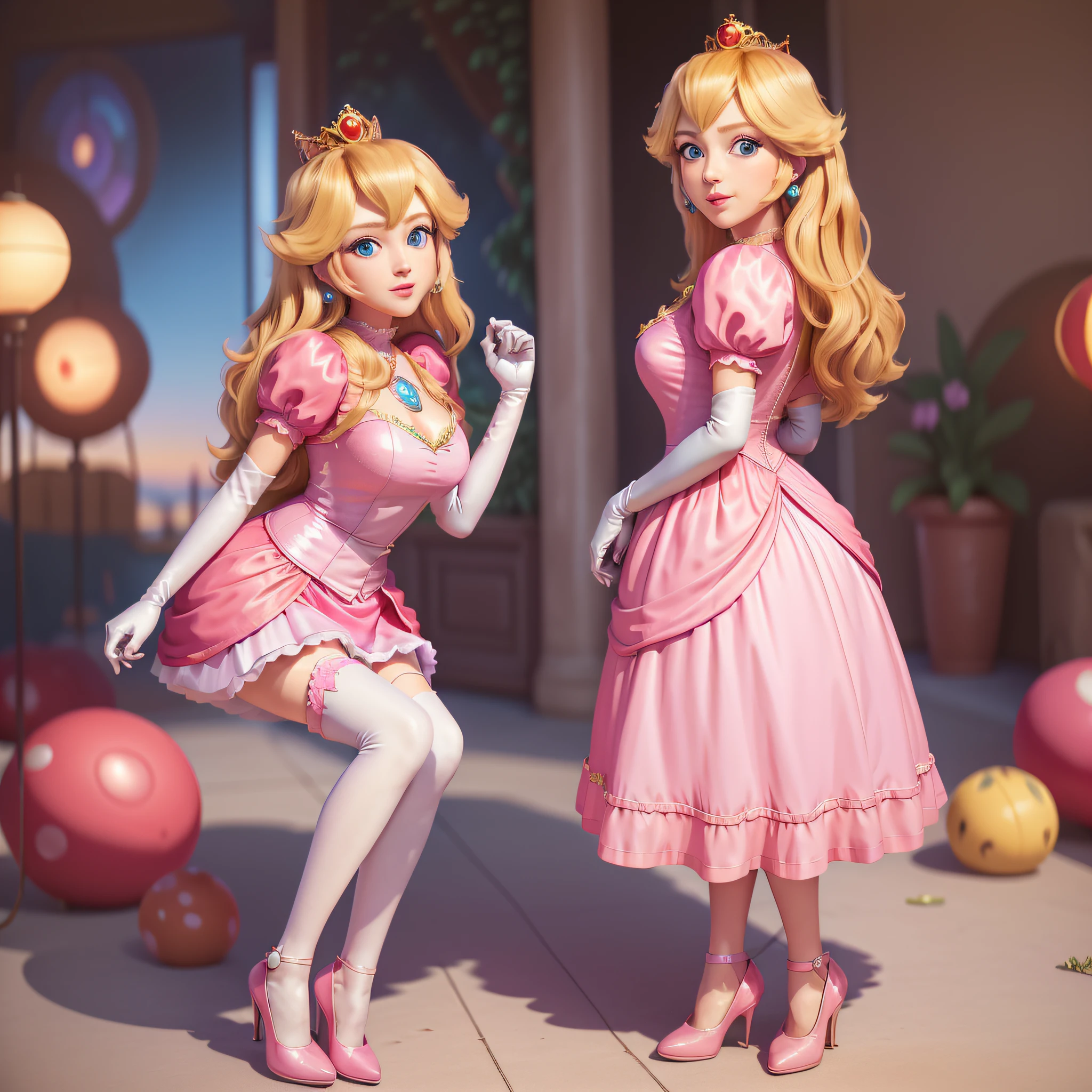 STICKER, (best quality, masterpiece, highres:1.4, solid outline:1.2), absurdres, 1 girl, large breasts, star eye, Princess Peach, blush, (realistic:1.5), blue eyes, short pink tight dress, milf, white arm glove, full body portrait, cowboy shot, no background, looking at viewer, perfect face, detailed face, bangs, perfect body, beautiful eyes, pretty face, bright skin, idol, shoes, cleavage, ass view, sexy stockings, unbutton top, dress open, panties, full body, shoes visible