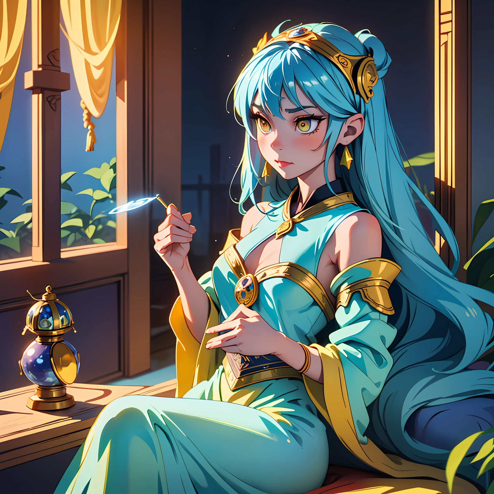 (A beautifully crafted girl), best quality, blue skin, (yellow eyes), (sitting in a mystical atmosphere), holding a (mysterious magic lantern), (dazzling light, shining bright).