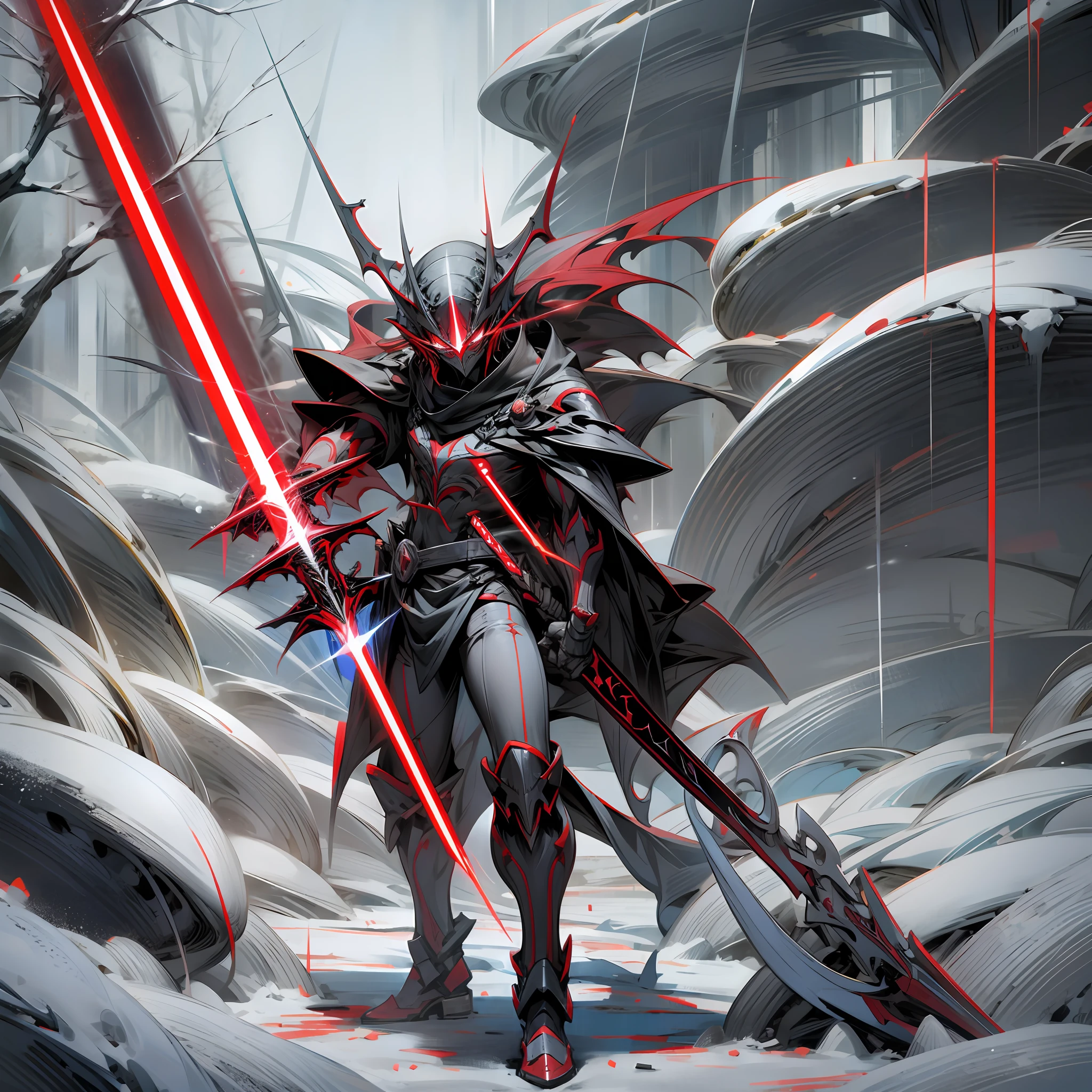 In anime style, aatrox holding a red lightsaber in a location with plenty of snow --auto --s2