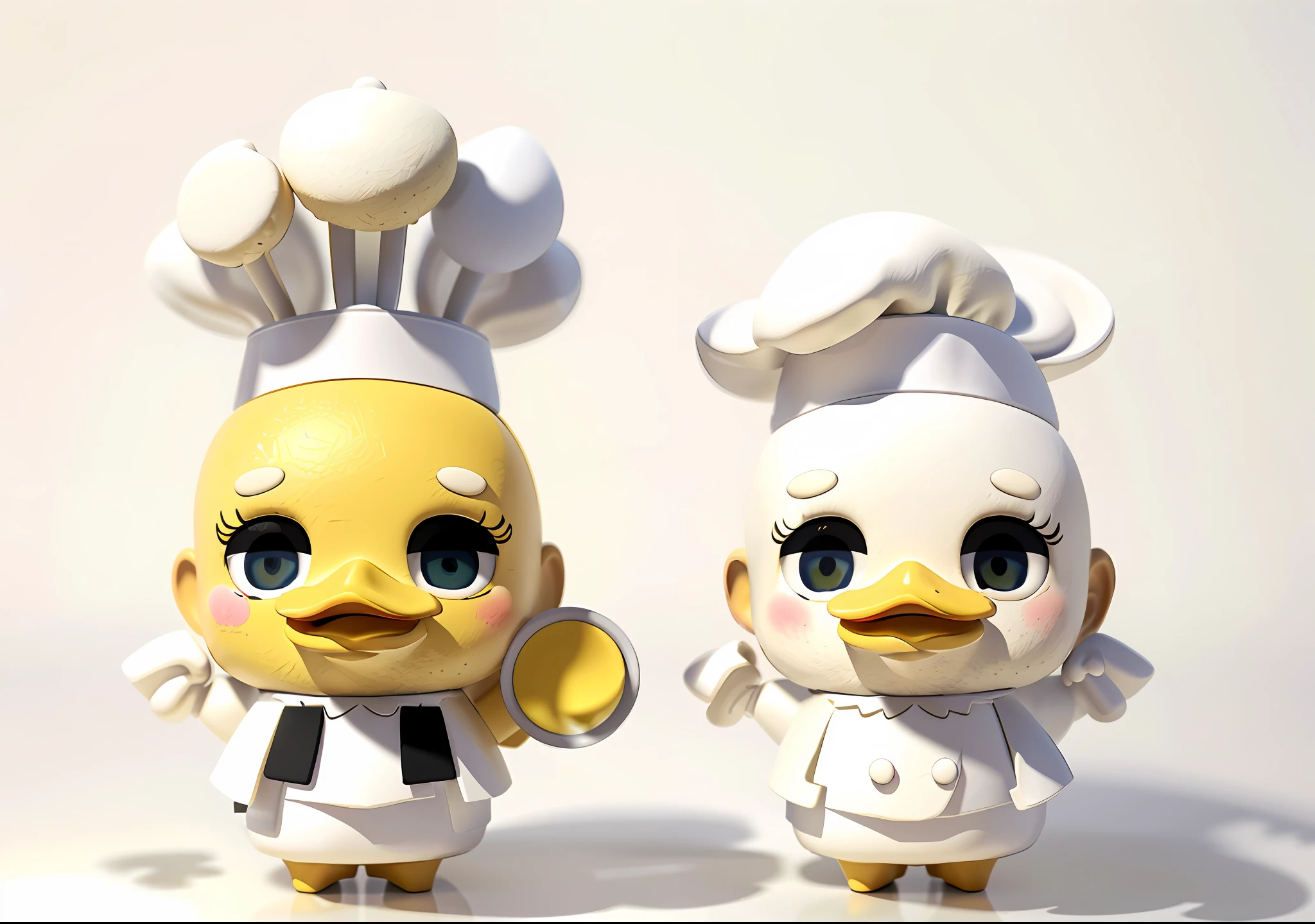 Duck Chef, delicate chef hat, duck face on the left is yellow, duck face on the right is white, arm portrayal, white blue hair all over, delicate shoes, eye portrayal, popmart blind box, clay texture, stepping on the earth, black and white background, natural lighting, best quality, hyperdetail, 3D art, c4d, OC renderer, 3d rendering, 8k