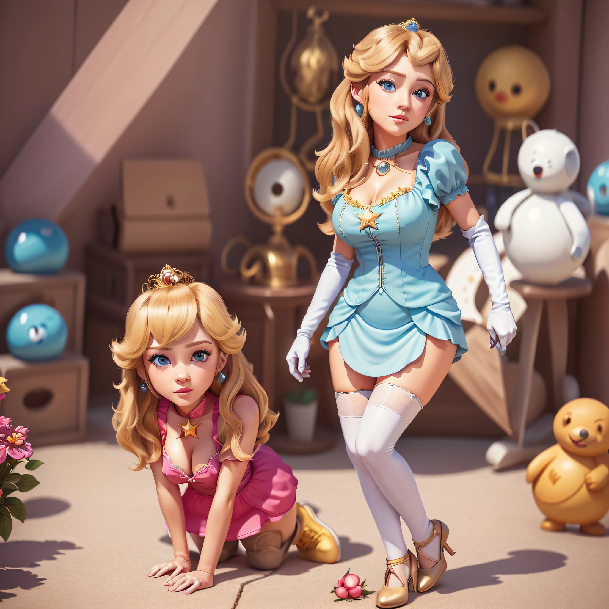 STICKER, (best quality, masterpiece, highres:1.4, solid outline:1.2), absurdres, 1 girl, large breasts, star eye, Daisy, blush, (realistic:1.5), blue eyes, short yellow tight dress, milf, white arm glove, full body portrait, cowboy shot, no background, looking at viewer, perfect face, detailed face, bangs, perfect body, beautiful eyes, pretty face, bright skin, idol, shoes, cleavage, ass view, sexy stockings, unbutton top, dress open, panties, full body, shoes visible